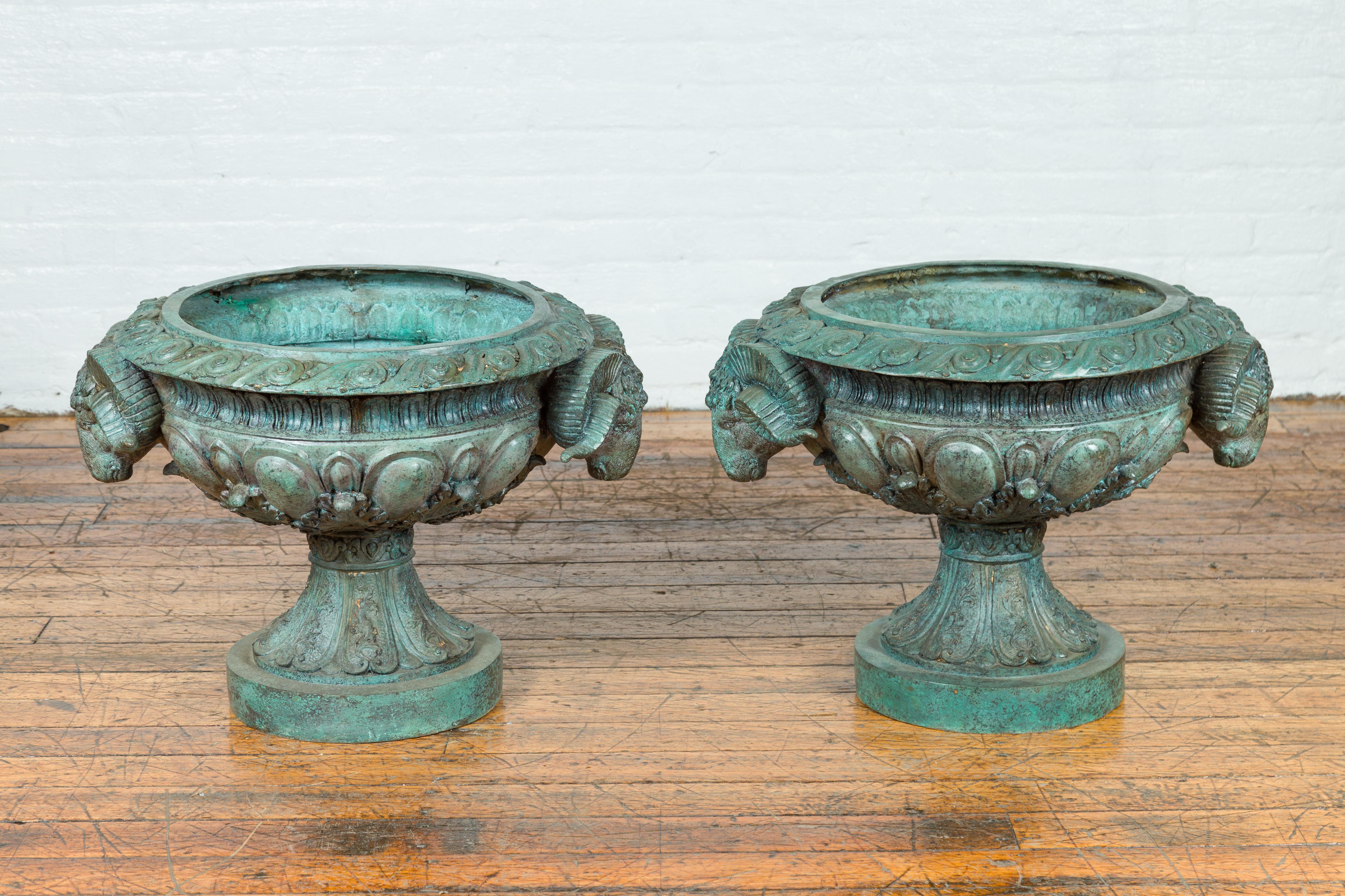 Greco Roman Style Vintage Verde Patina Bronze Urns with Rams' Heads, Sold Each 10