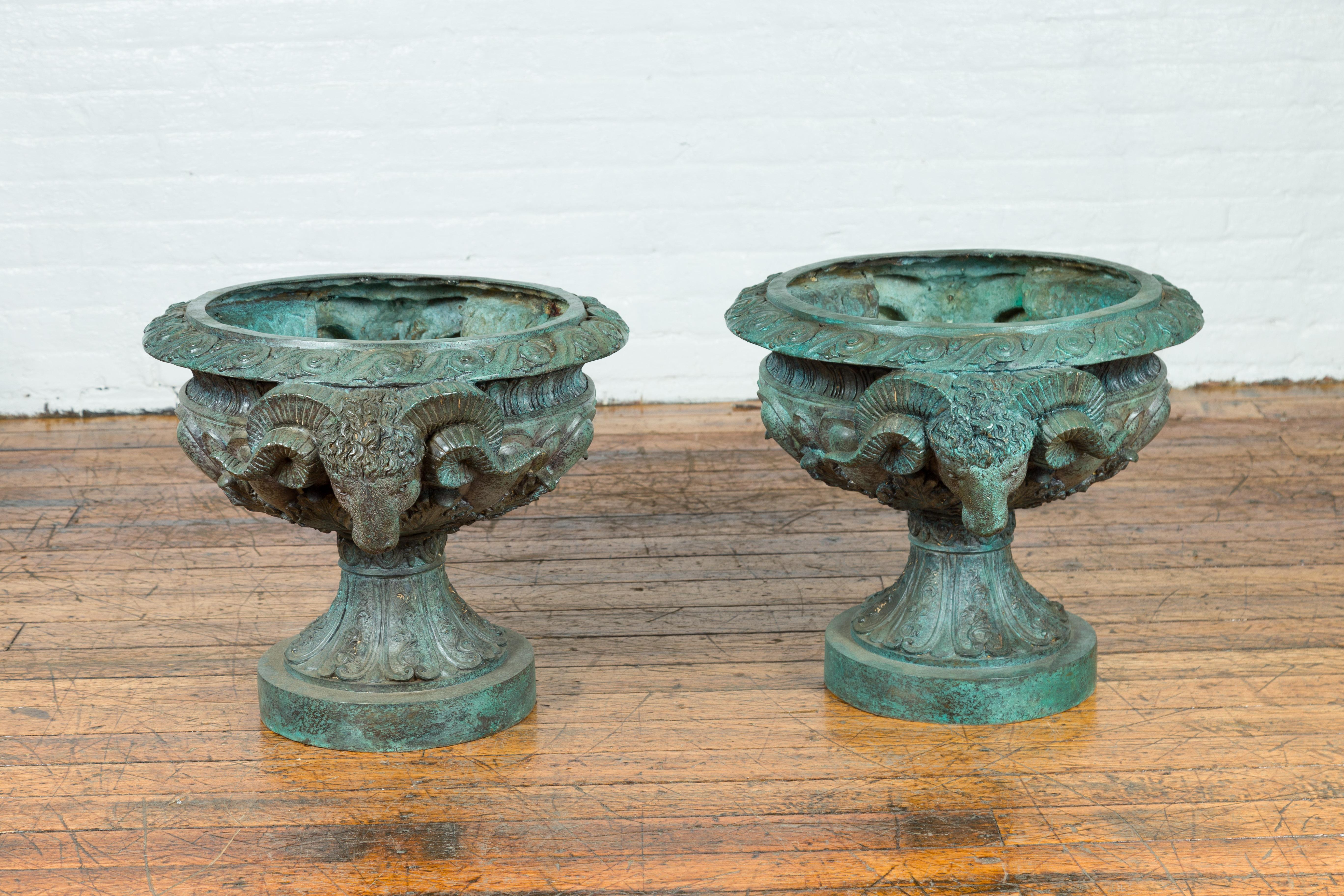 Greco Roman Style Vintage Verde Patina Bronze Urns with Rams' Heads, Sold Each 11