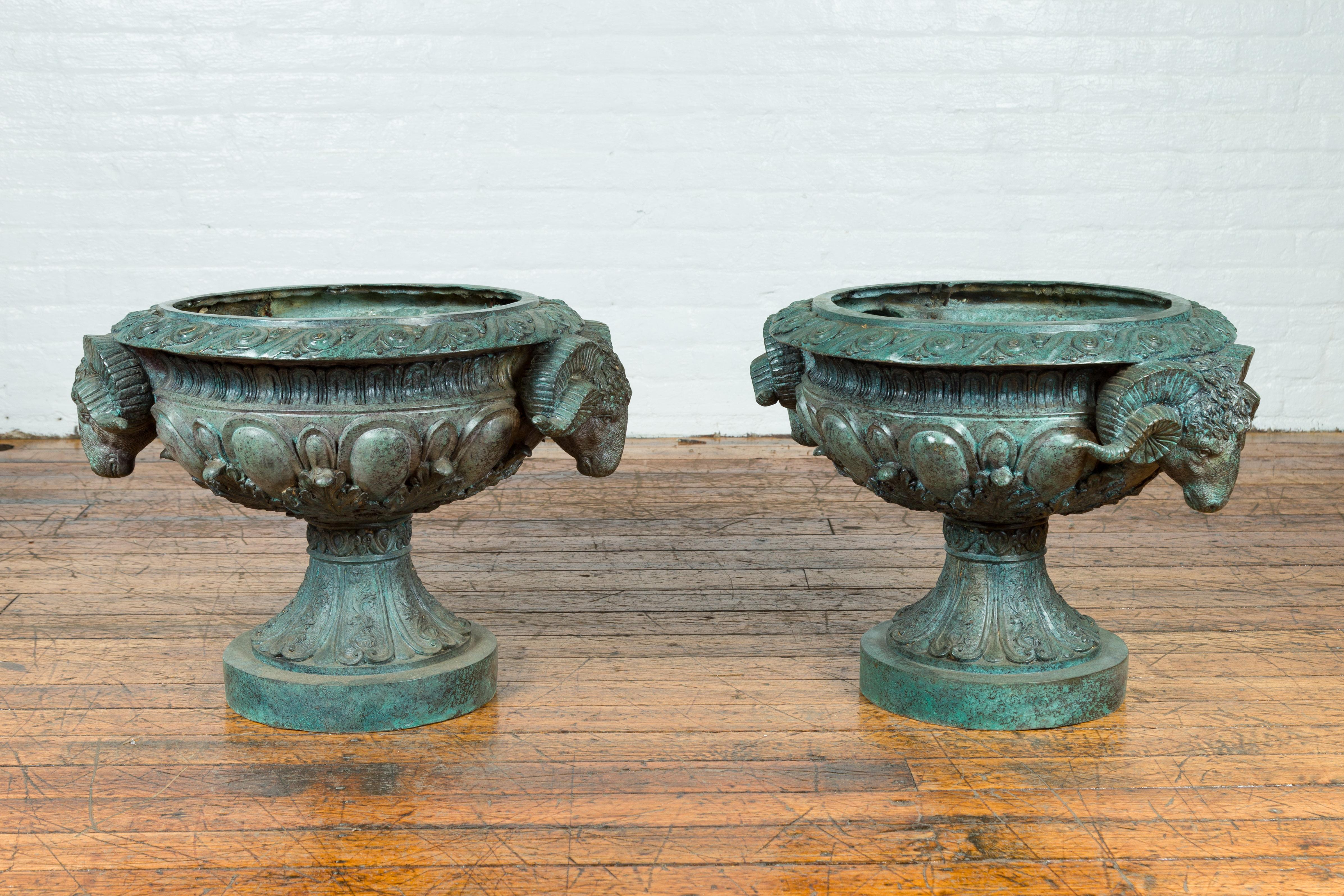 Greco Roman Style Vintage Verde Patina Bronze Urns with Rams' Heads, Sold Each 14