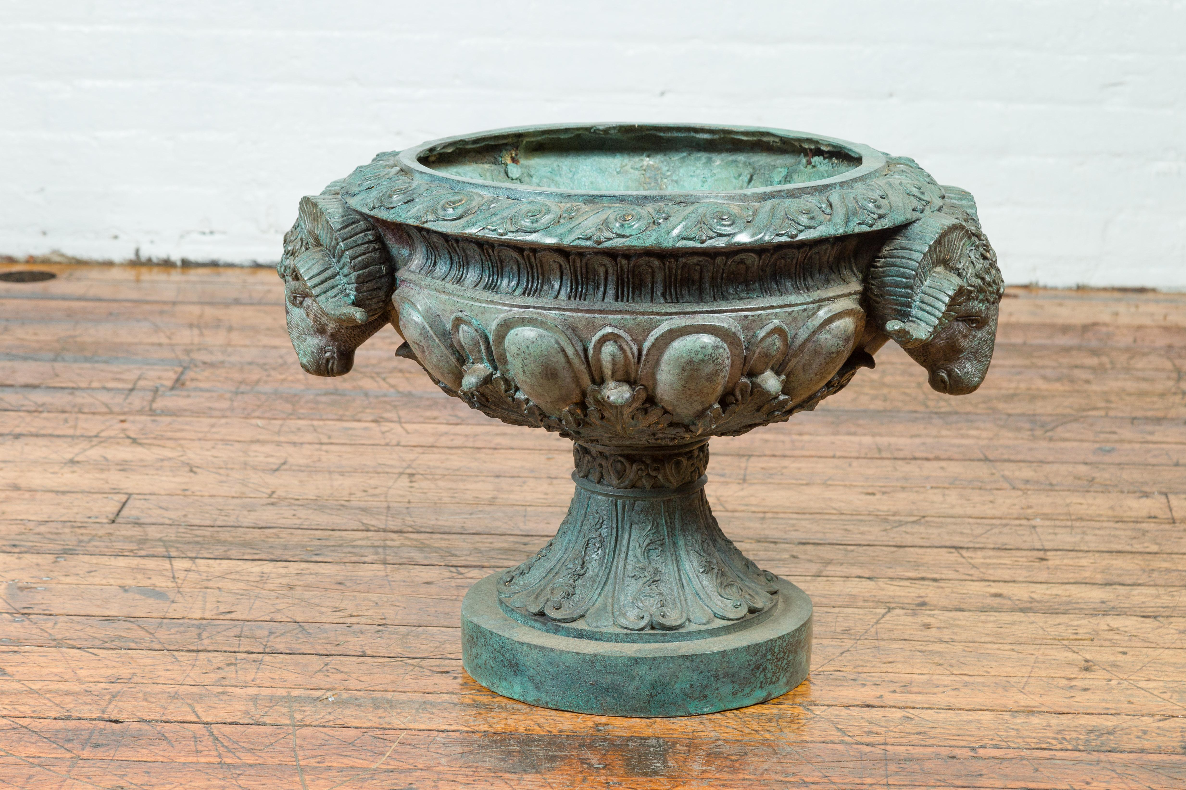 Greco Roman Style Vintage Verde Patina Bronze Urns with Rams' Heads, Sold Each In Good Condition In Yonkers, NY