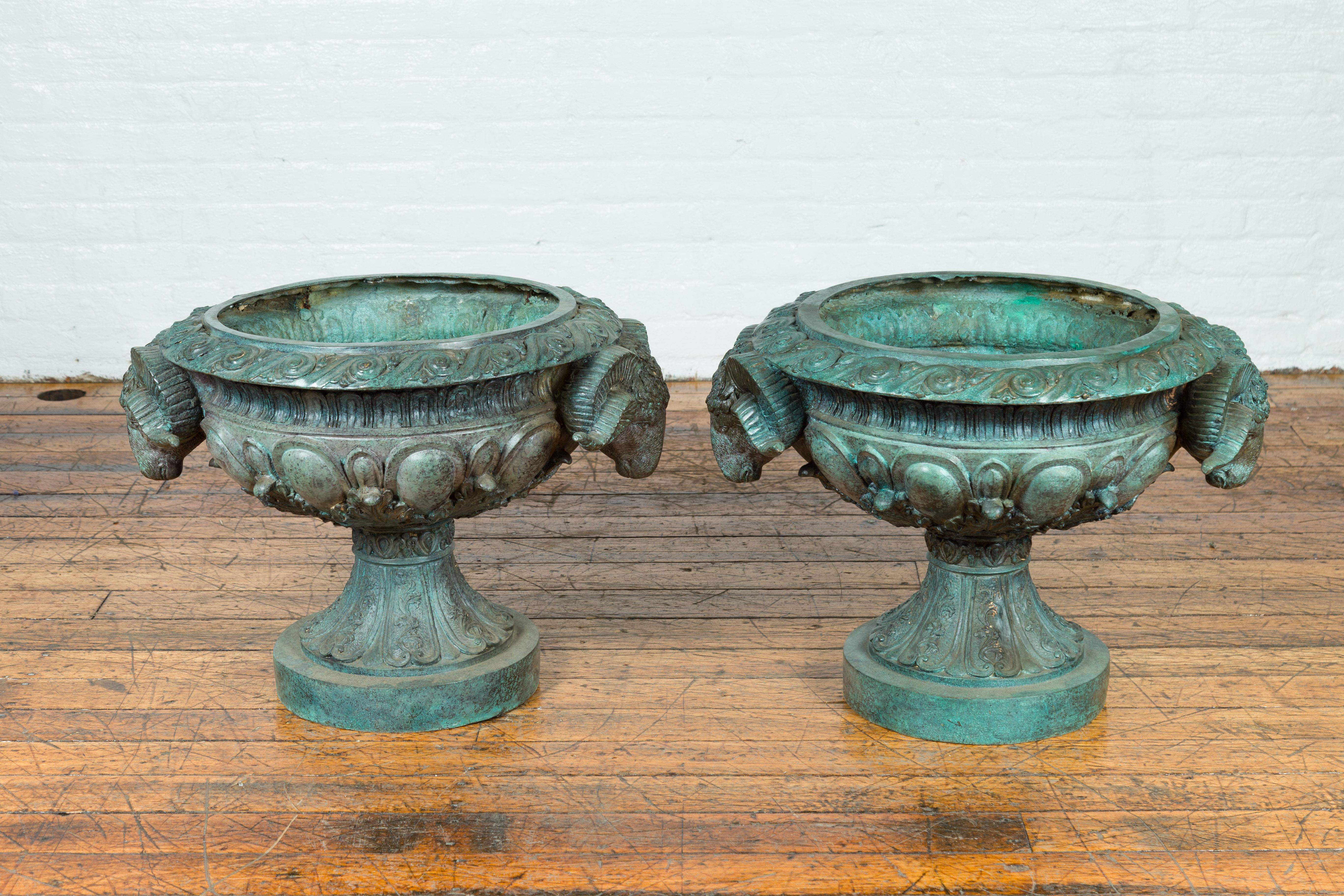 20th Century Greco Roman Style Vintage Verde Patina Bronze Urns with Rams' Heads, Sold Each