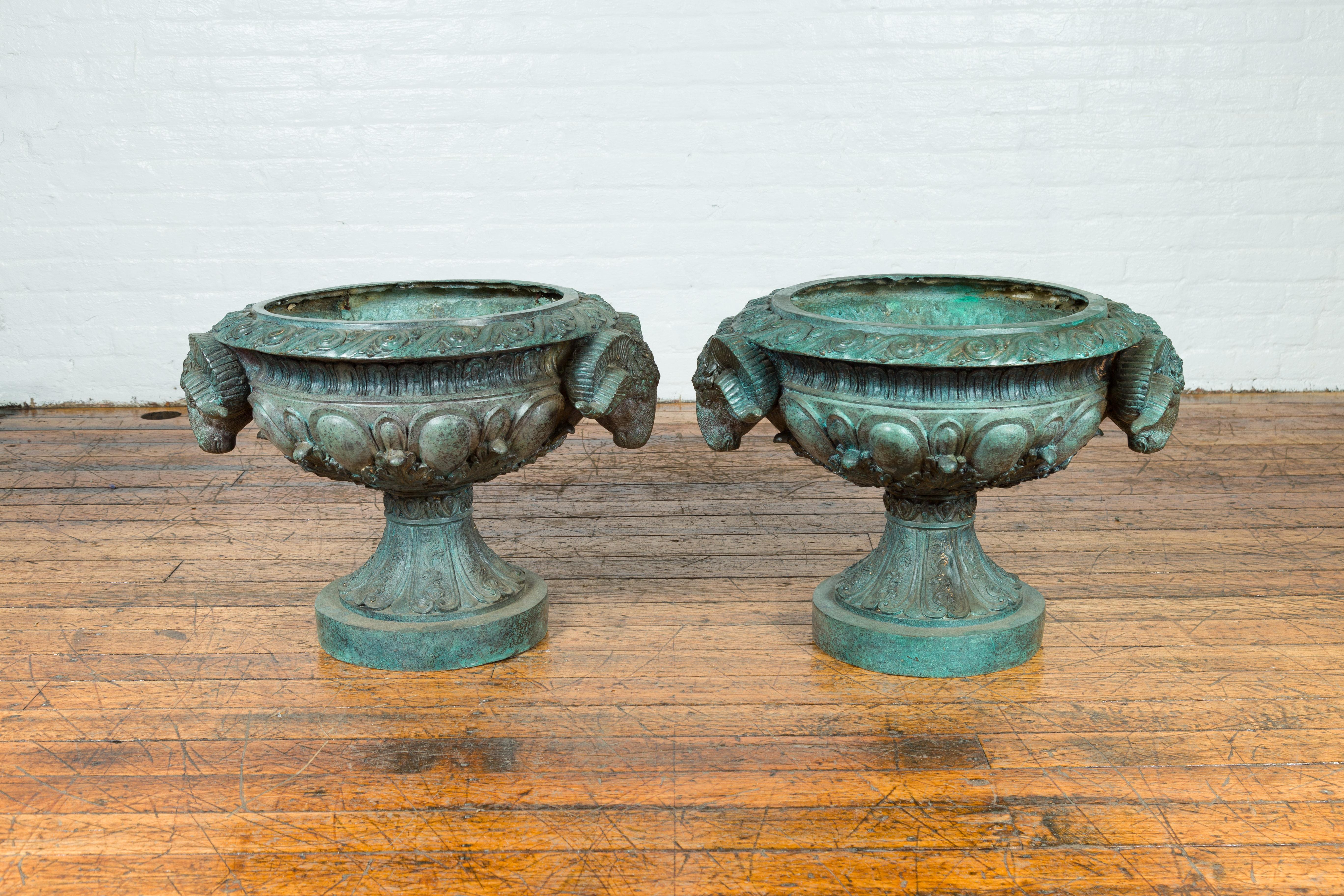 Greco Roman Style Vintage Verde Patina Bronze Urns with Rams' Heads, Sold Each 1