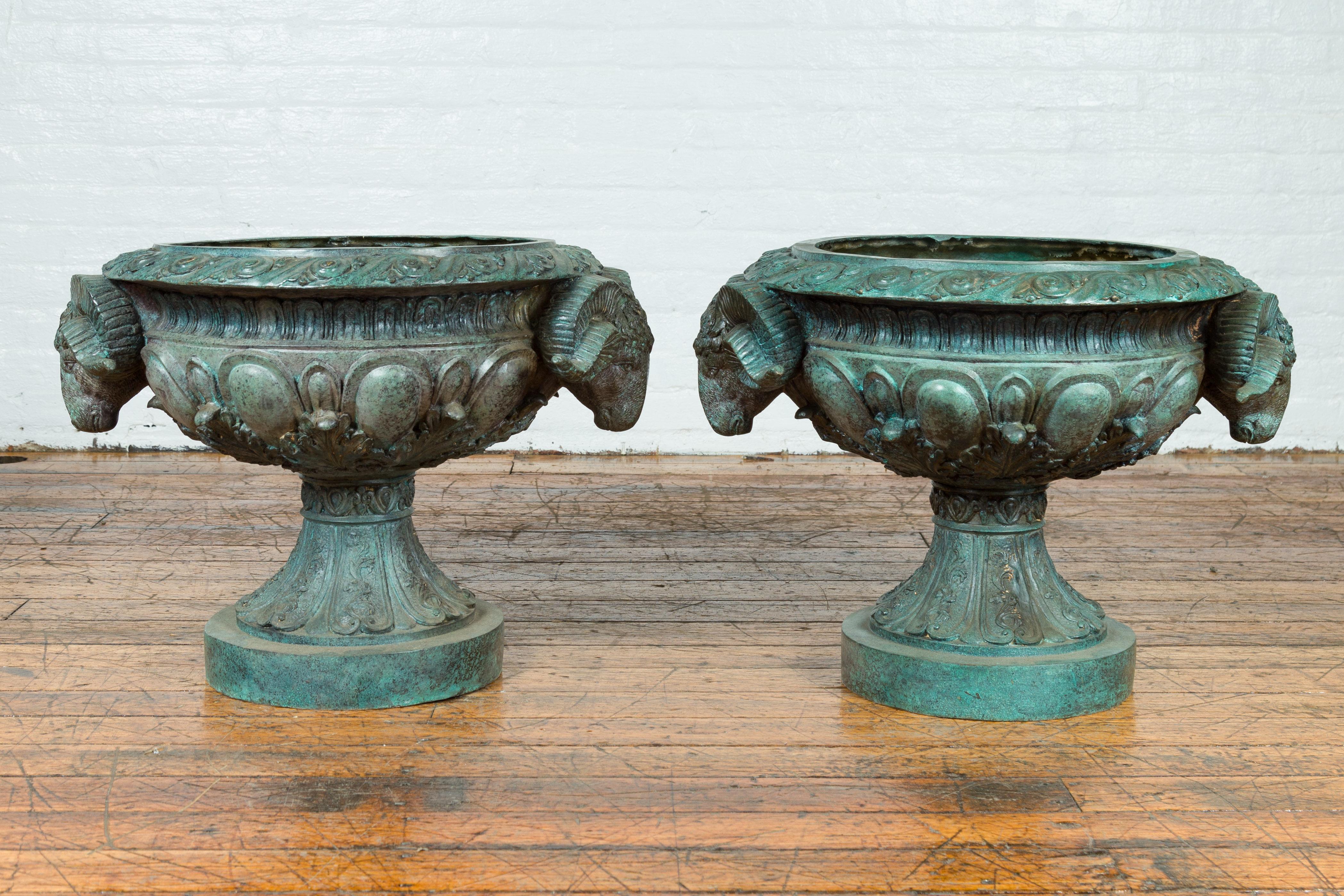 Greco Roman Style Vintage Verde Patina Bronze Urns with Rams' Heads, Sold Each 2