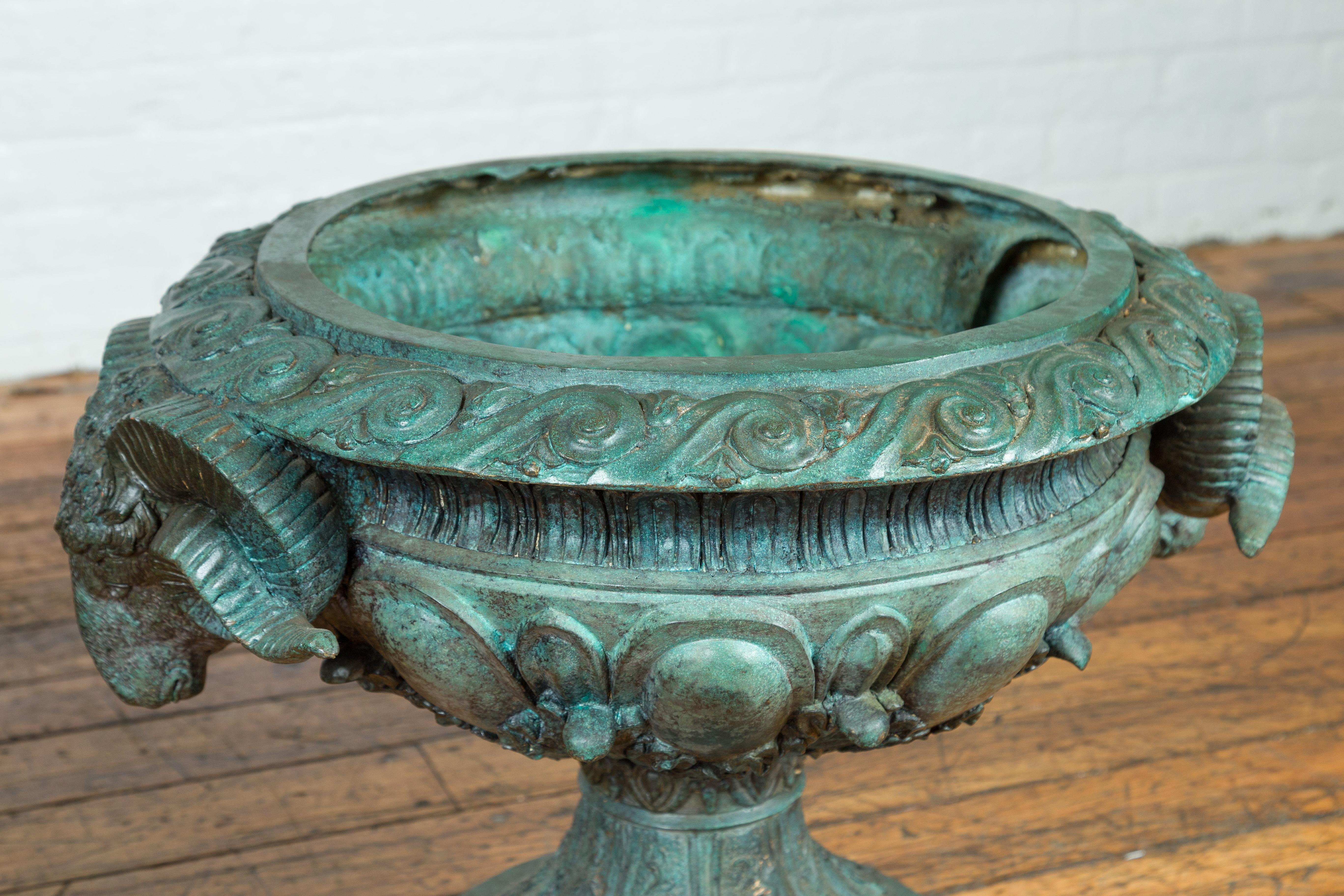 Greco Roman Style Vintage Verde Patina Bronze Urns with Rams' Heads, Sold Each 4