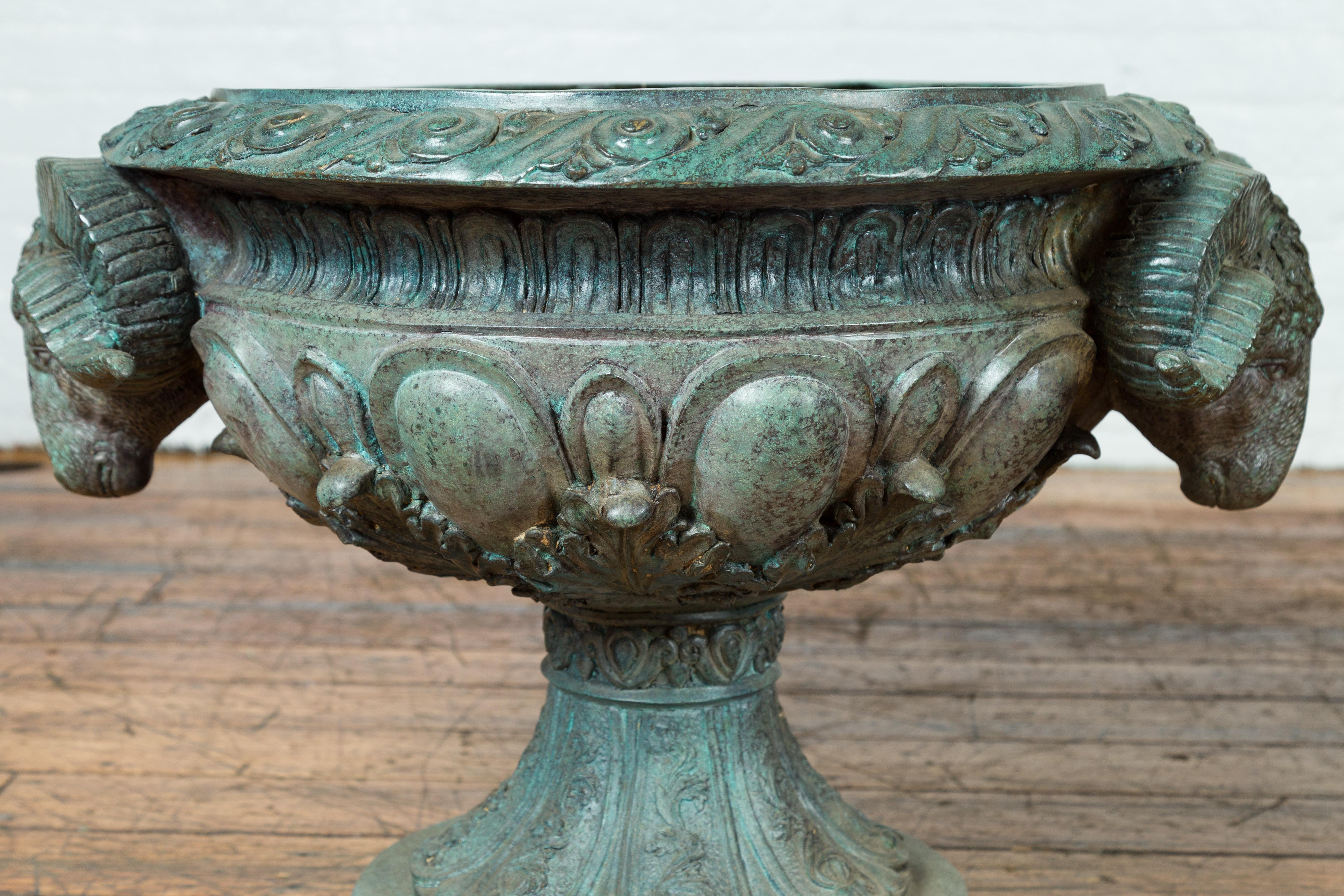 Greco Roman Style Vintage Verde Patina Bronze Urns with Rams' Heads, Sold Each 5