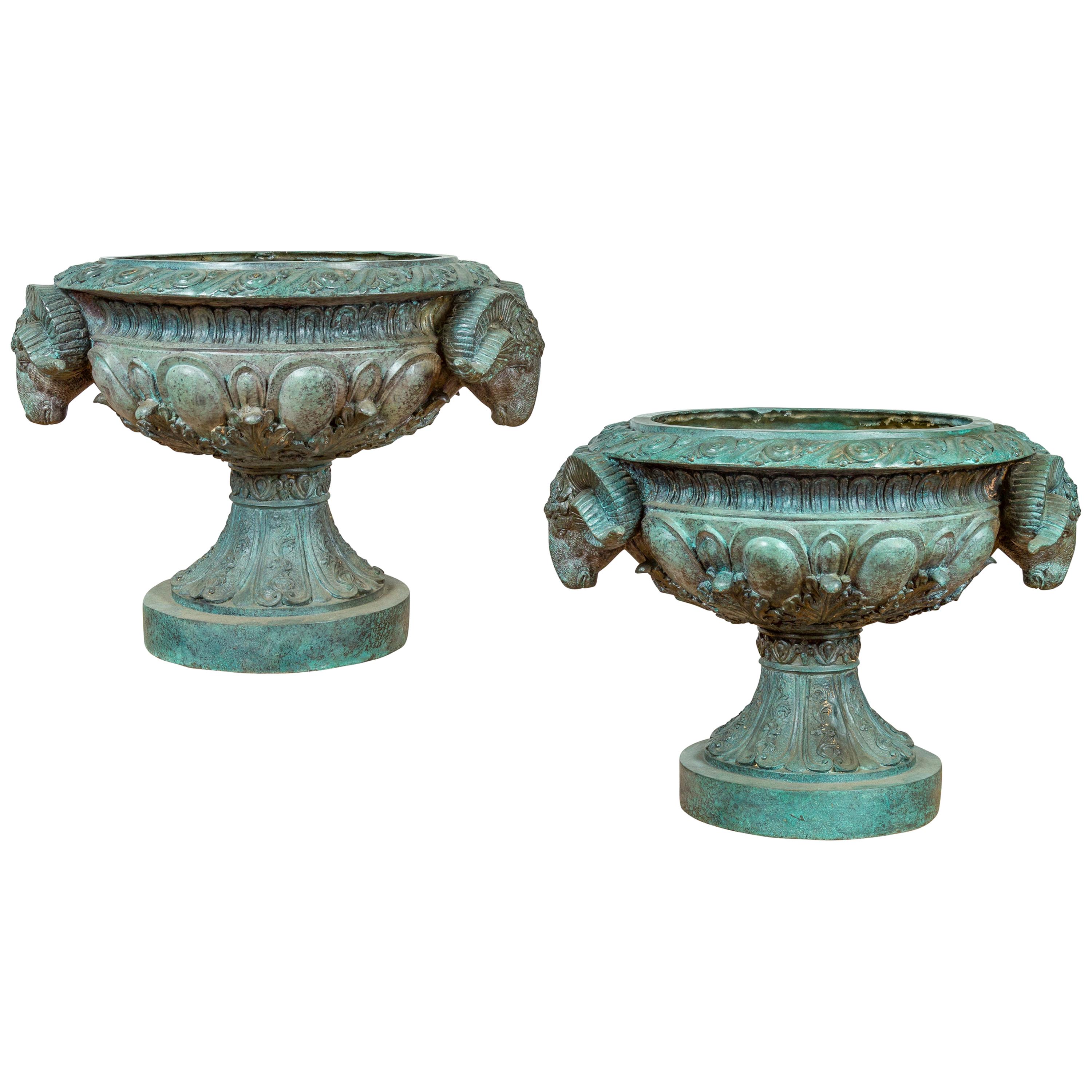 Greco Roman Style Vintage Verde Patina Bronze Urns with Rams' Heads, Sold Each