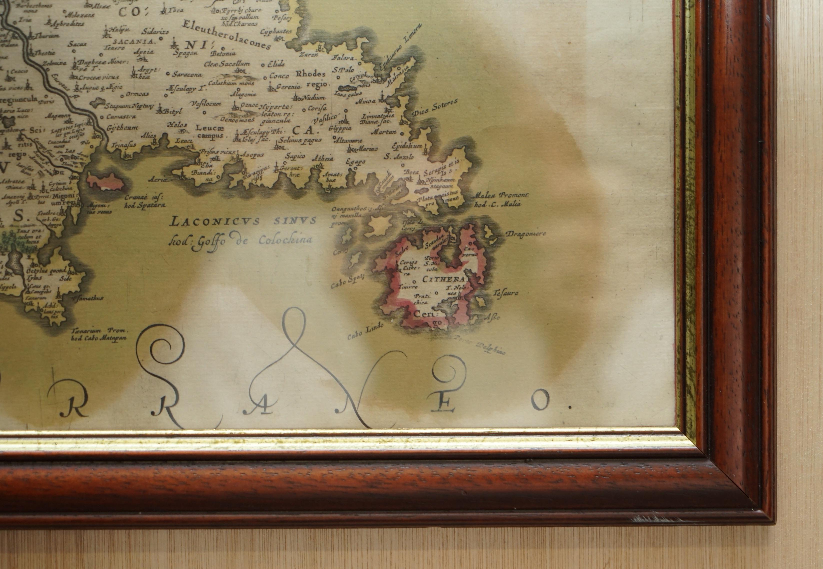 Greece 1660 Jan Jansson Watercolour Map Peloponesus Sive Morea I Laurenbergio For Sale 1