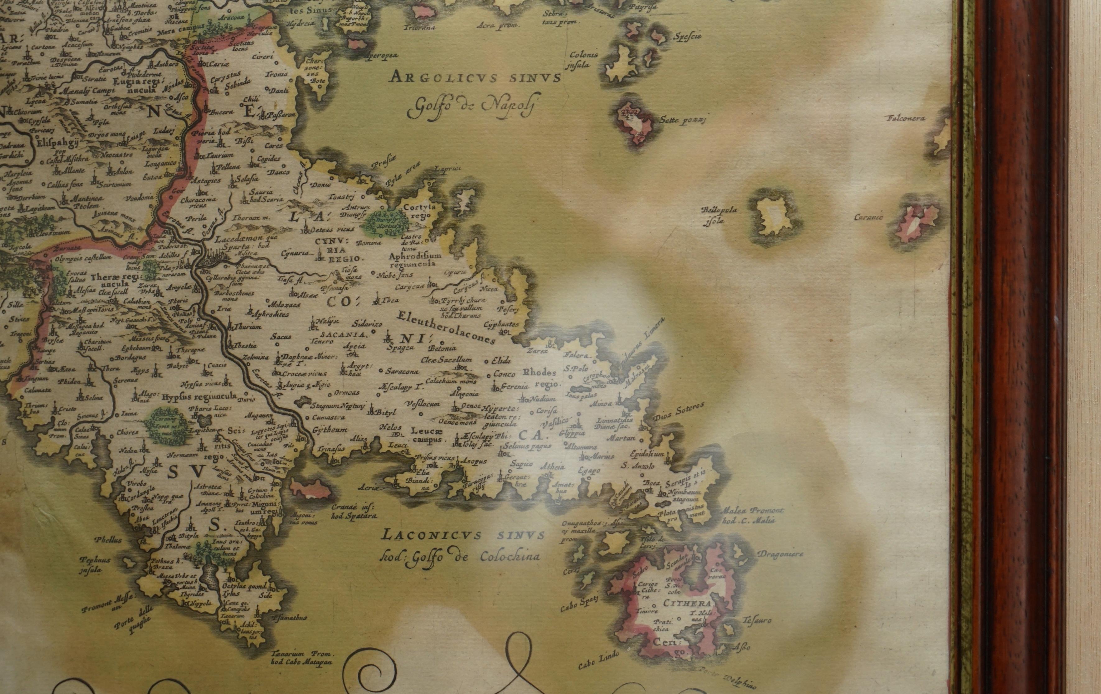 Danish Greece 1660 Jan Jansson Watercolour Map Peloponesus Sive Morea I Laurenbergio For Sale