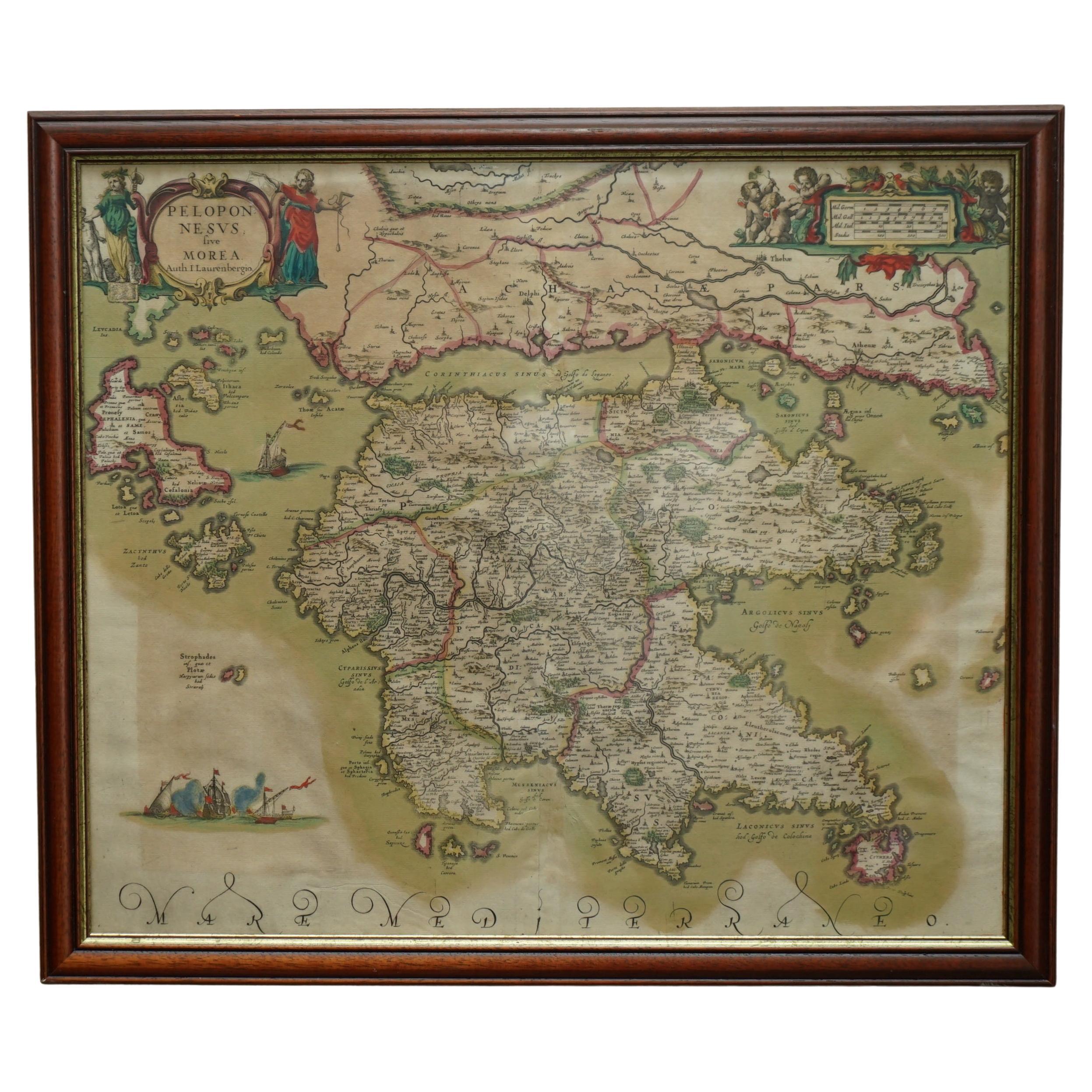 Greece 1660 Jan Jansson Watercolour Map Peloponesus Sive Morea I Laurenbergio For Sale