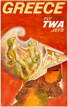 GREECE - FLY TWA JETS Original Vintage Airline Travel Poster MCM 1960s KLEIN