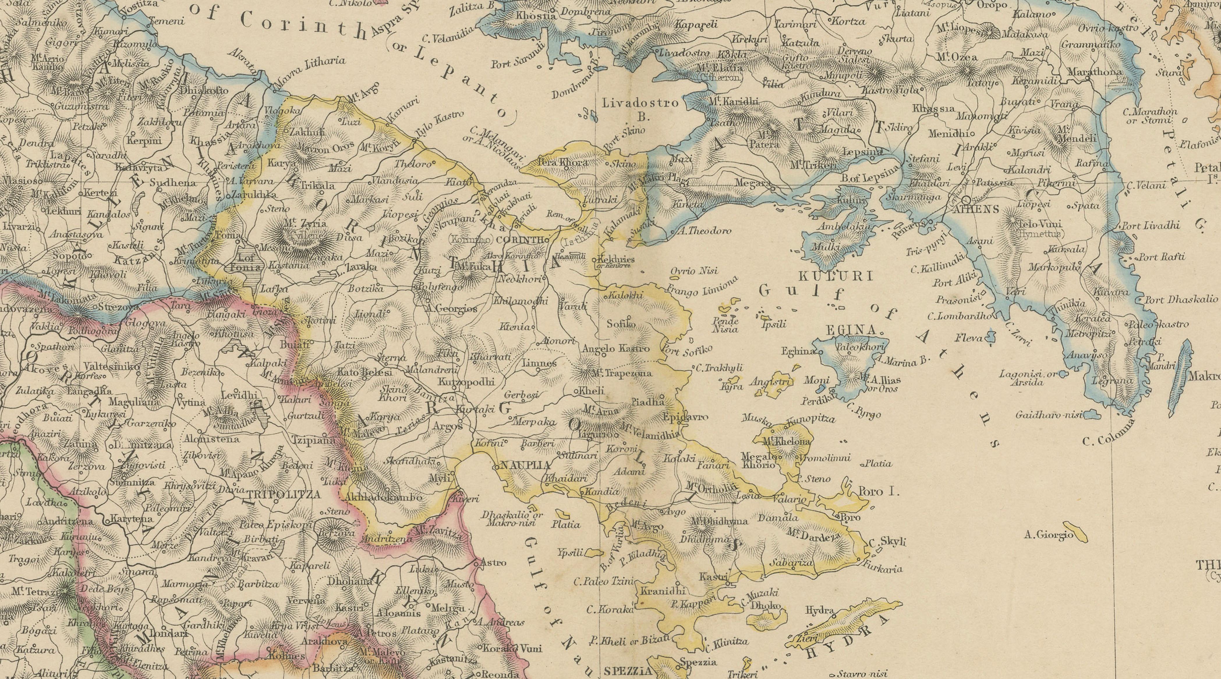 Greece & Ionian Islands Map, Antique Hand-Colored Map, 1860