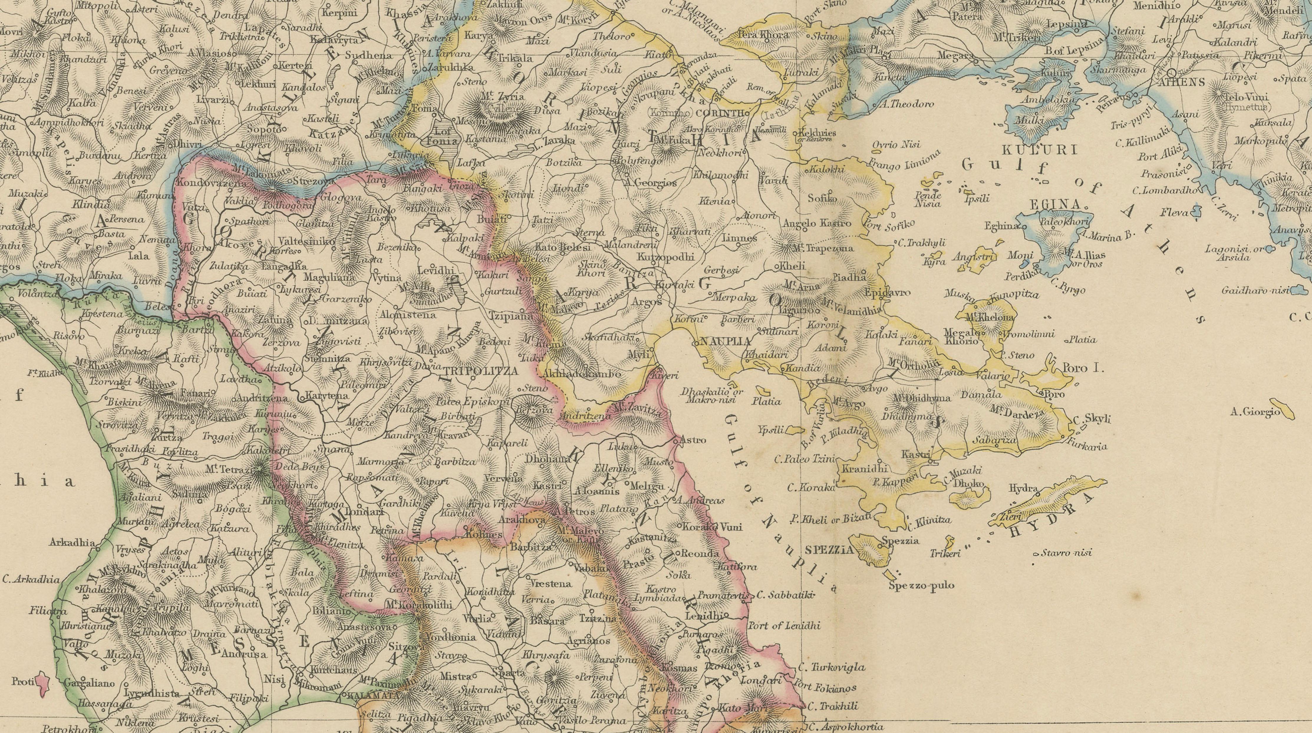 Greece & Ionian Islands Map, Antique Hand-Colored Map, 1860