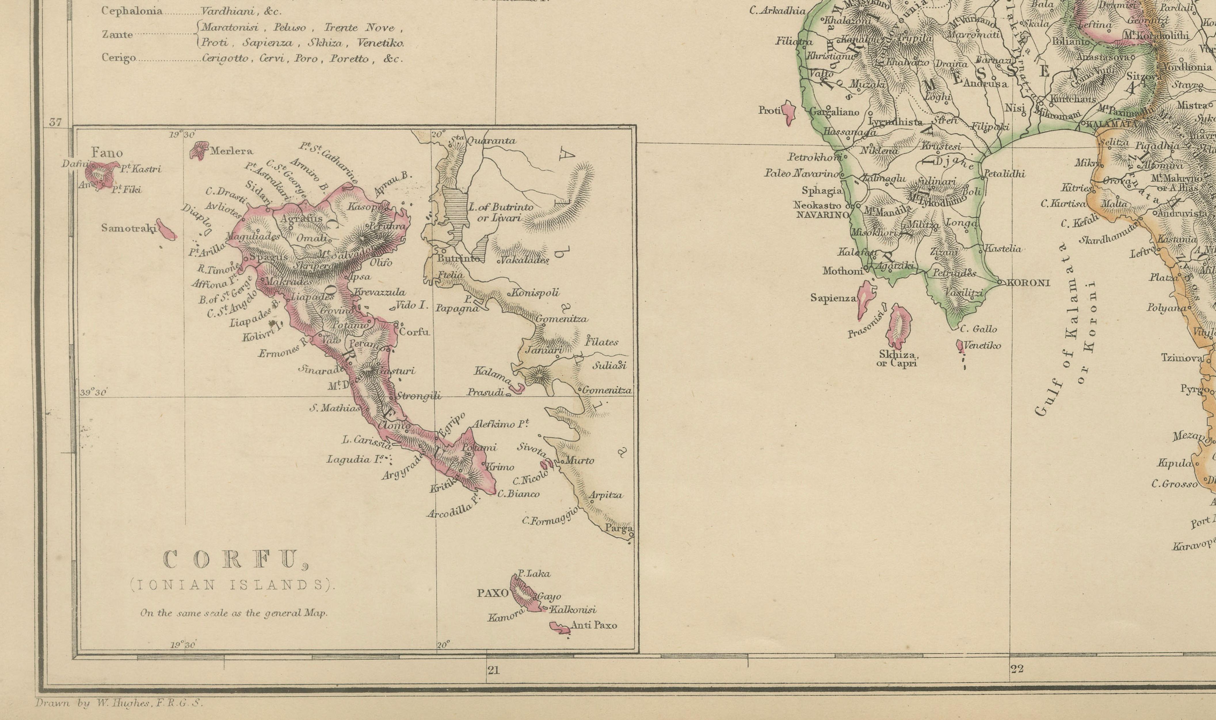 Greece & Ionian Islands Map, Antique Hand-Colored Map, 1860
