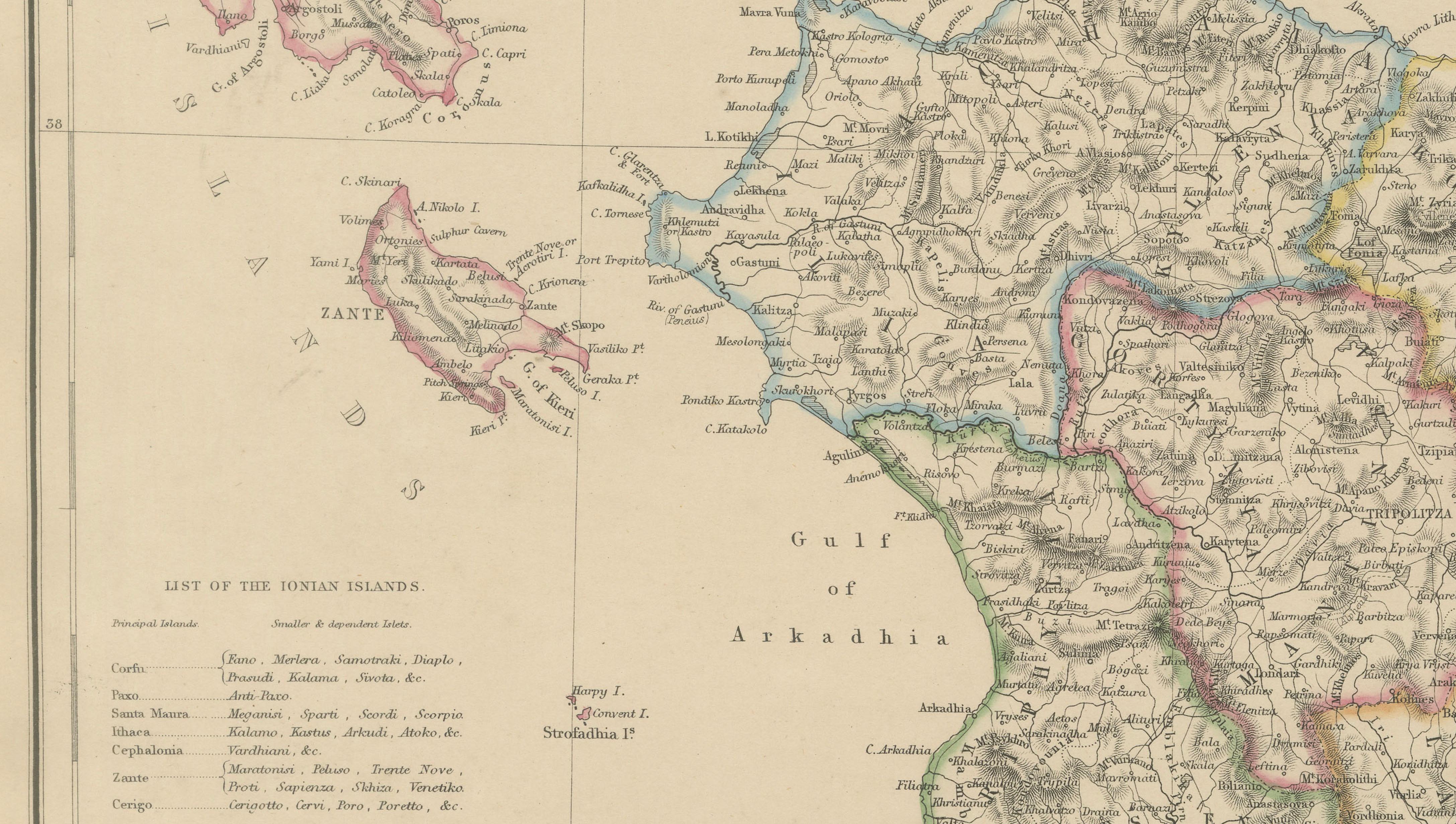 Greece & Ionian Islands Map, Antique Hand-Colored Map, 1860