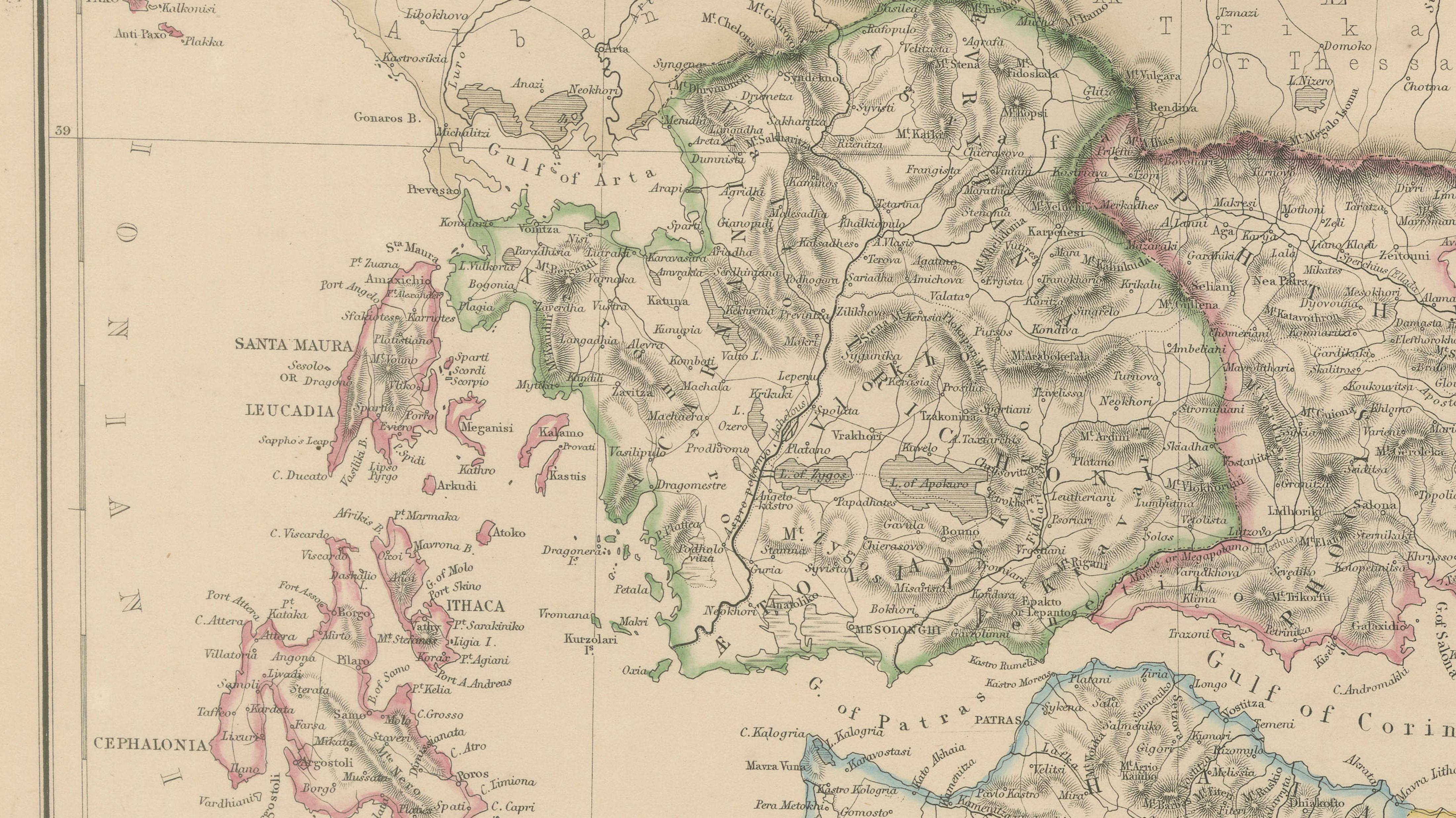 Greece & Ionian Islands Map, Antique Hand-Colored Map, 1860