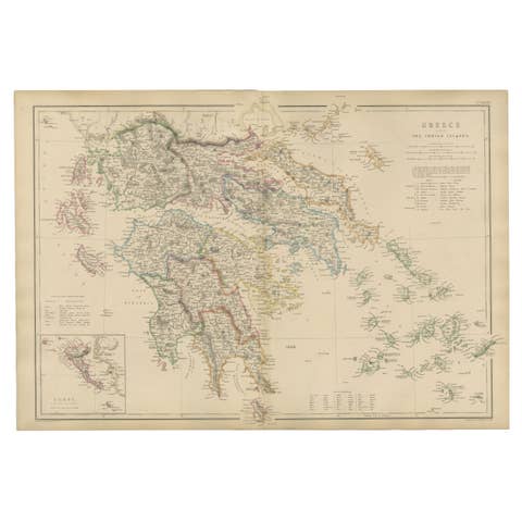 Greece & Ionian Islands Map, Antique Hand-Colored Map, 1860