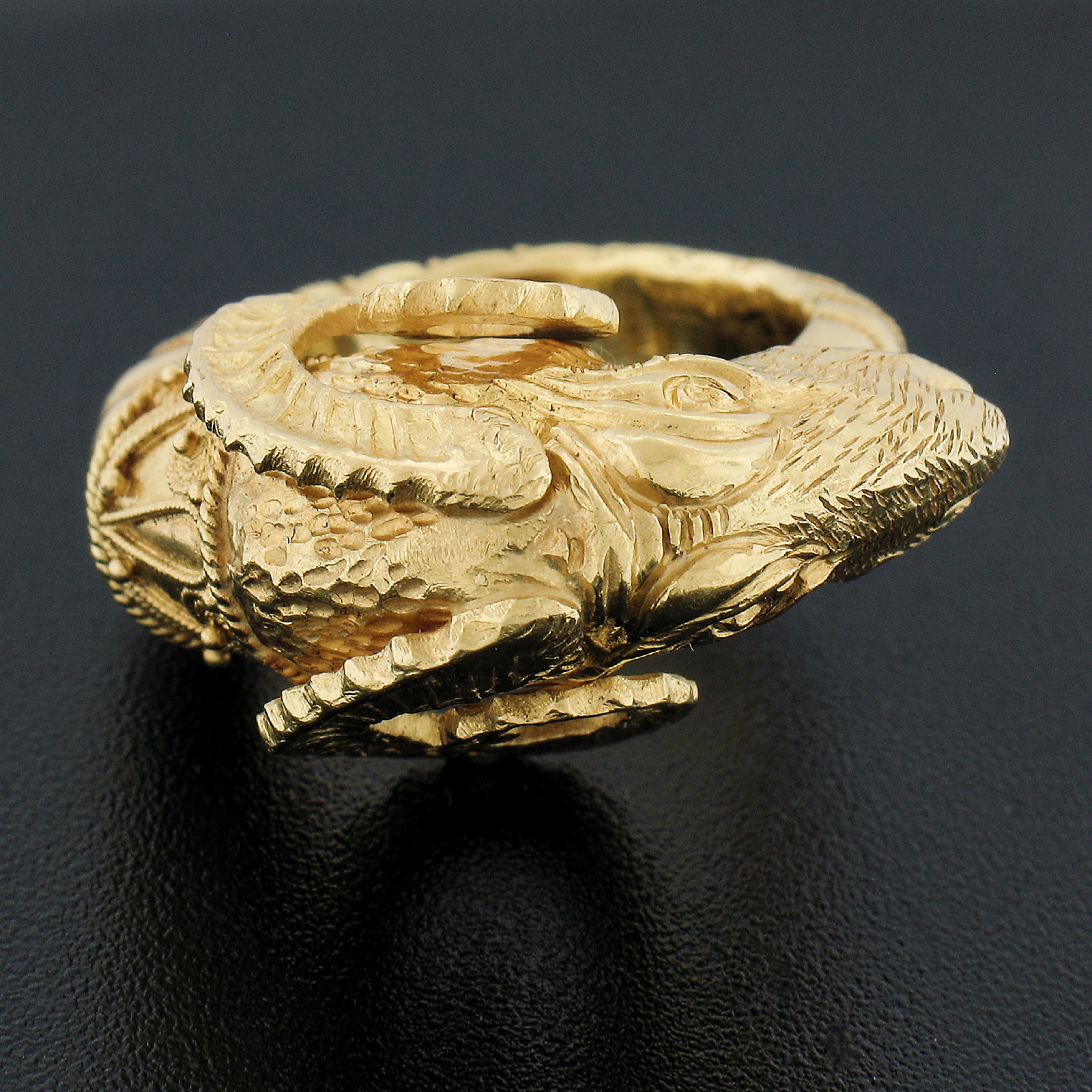 Greece Solid 22K Yellow Gold Detailed 3D Ram's Head Handmade Band Ring Size 7 In Excellent Condition For Sale In Montclair, NJ