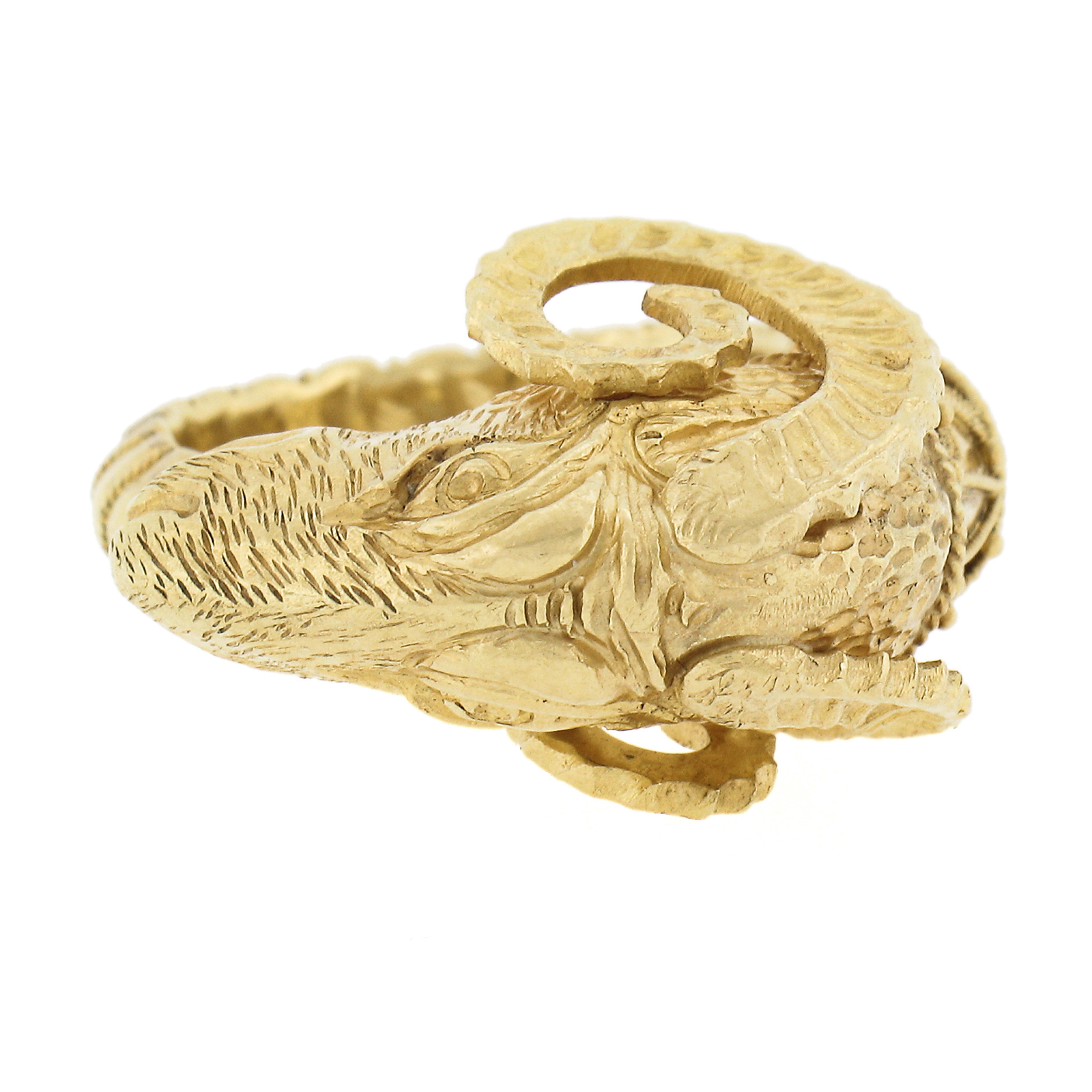 Greece Solid 22K Yellow Gold Detailed 3D Ram's Head Handmade Band Ring Size 7 For Sale 1