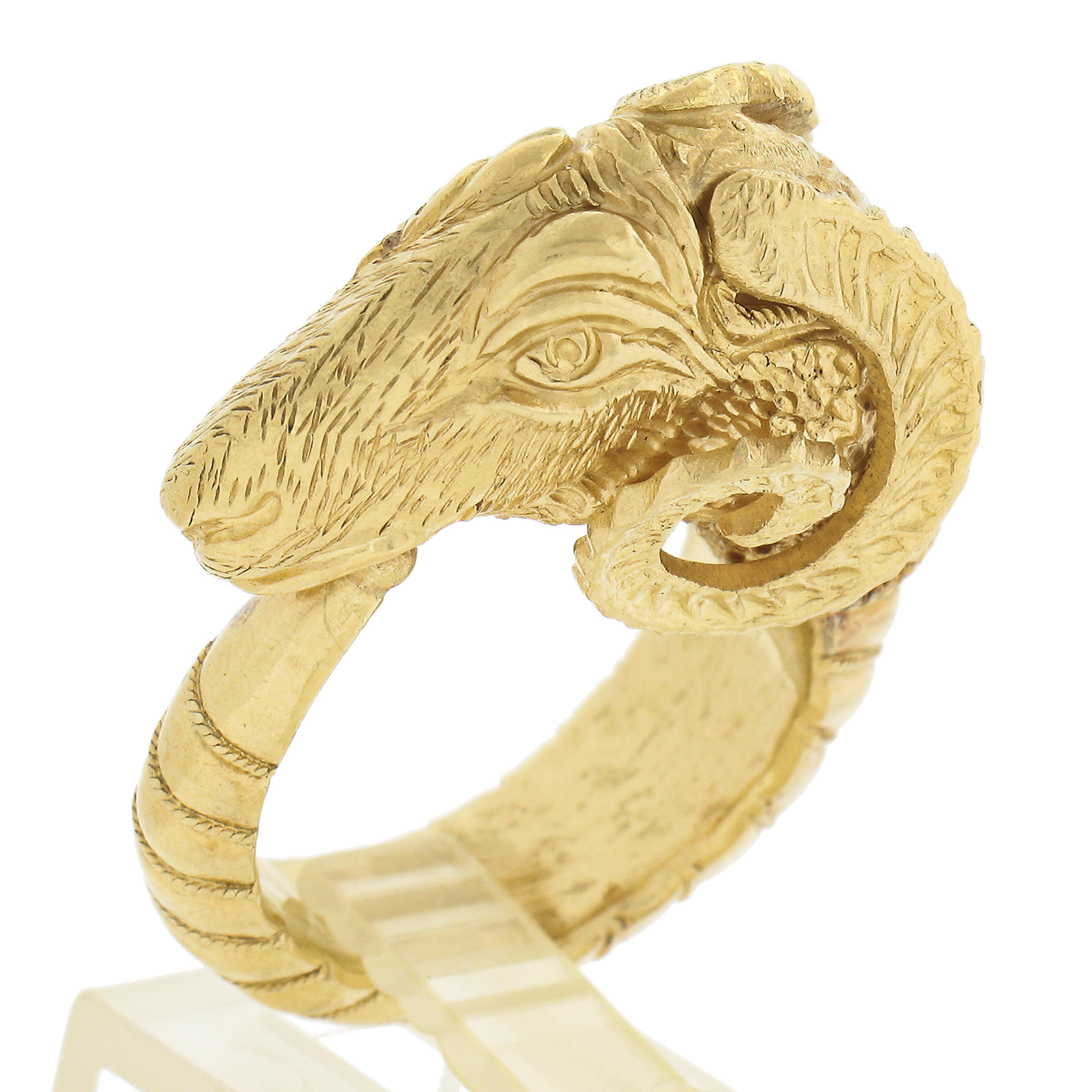 Greece Solid 22K Yellow Gold Detailed 3D Ram's Head Handmade Band Ring Size 7 For Sale 5