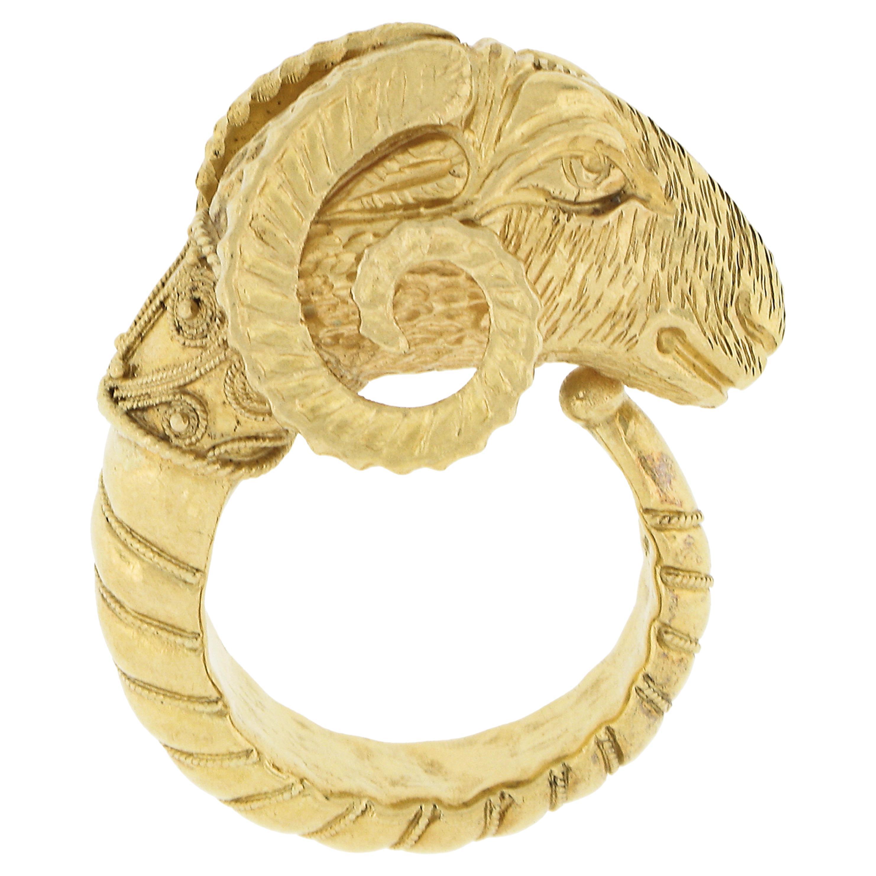 Greece Solid 22K Yellow Gold Detailed 3D Ram's Head Handmade Band Ring Size 7 For Sale