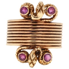 Greek 18 Karat Yellow Gold and Ruby Double Snake Coil Band Ring