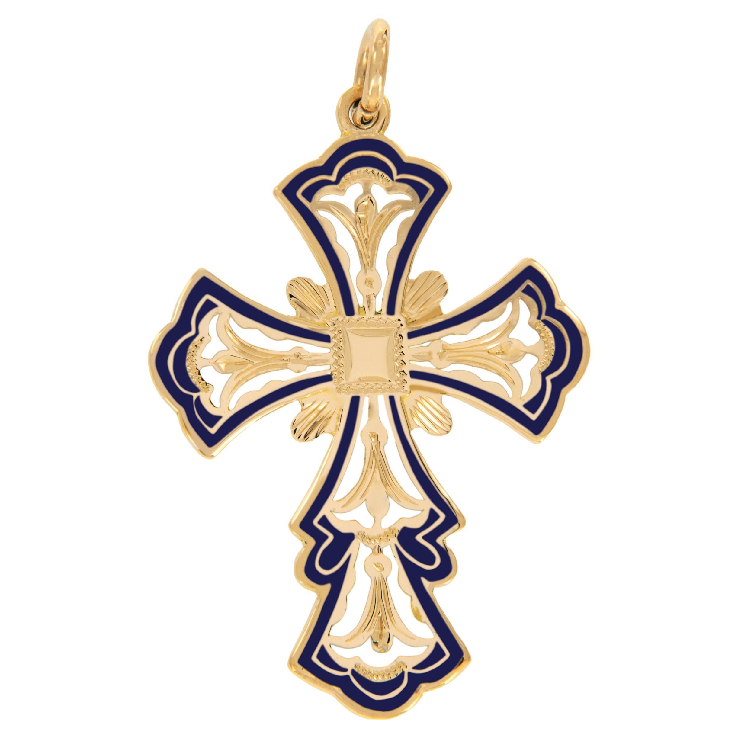 Greek 18 Karat Yellow Gold Enameled Ornate Budded Cross