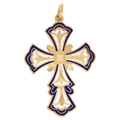Greek 18 Karat Yellow Gold Enameled Ornate Budded Cross