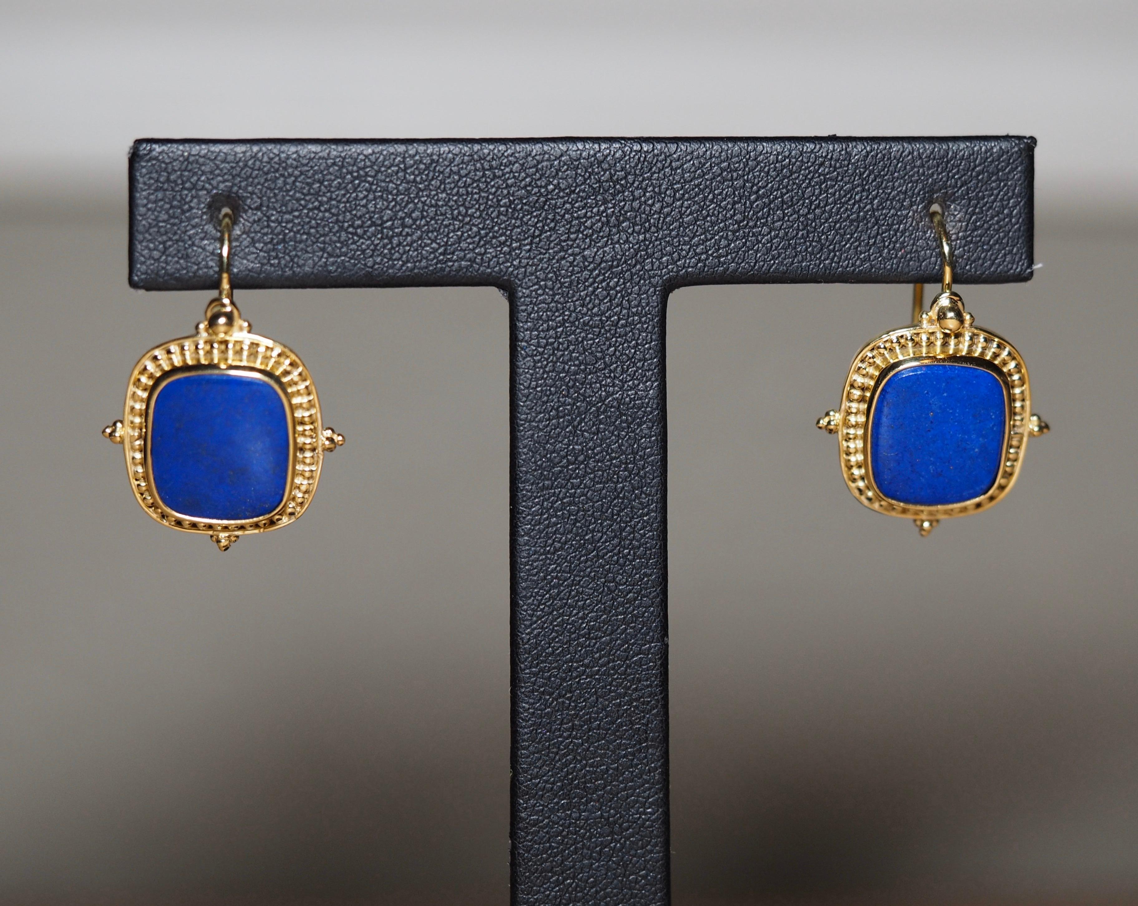 Cushion Cut Greek 18 Karat Yellow Gold Lapis Lazuli Dangle Earrings