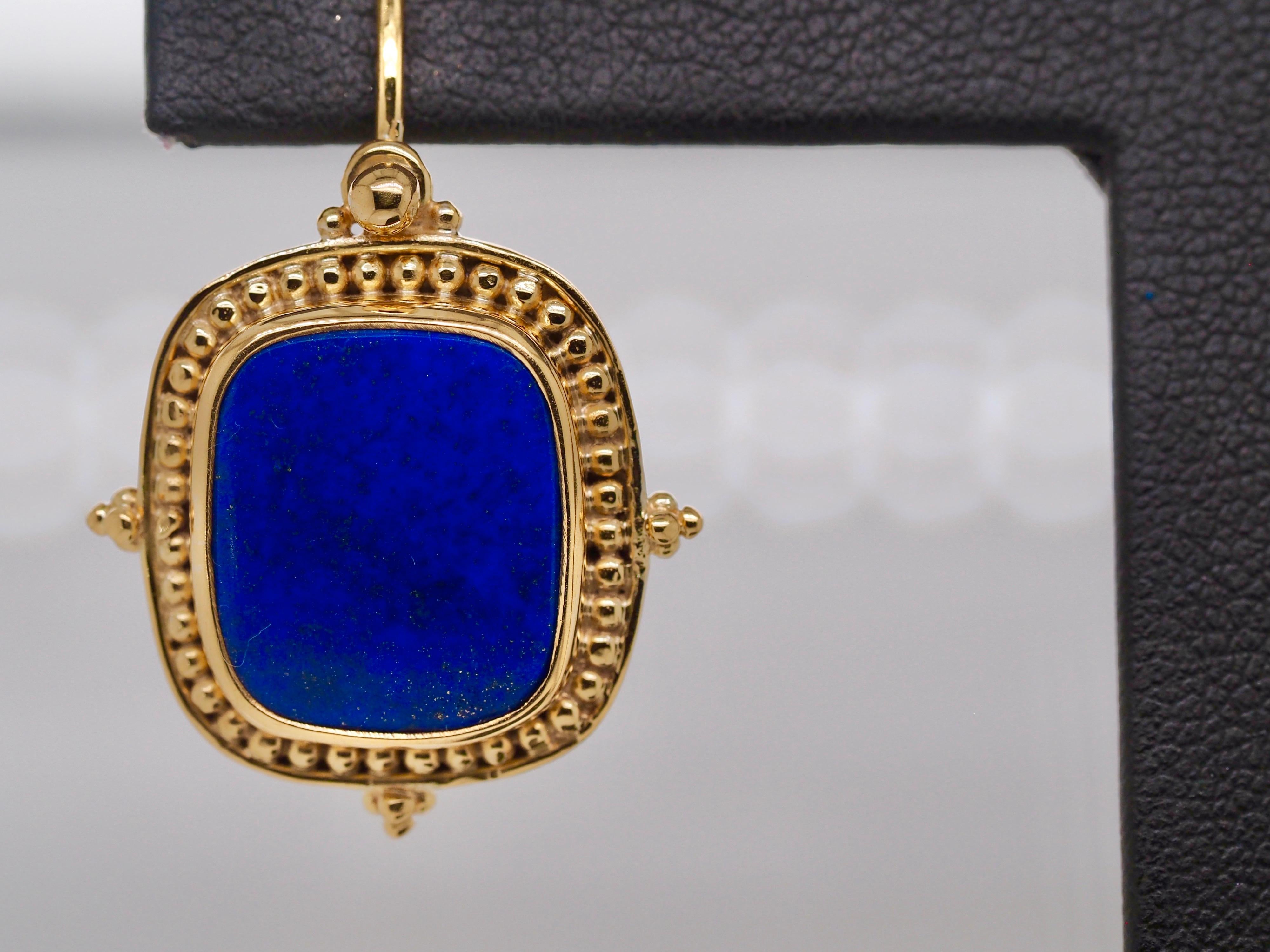 Women's or Men's Greek 18 Karat Yellow Gold Lapis Lazuli Dangle Earrings