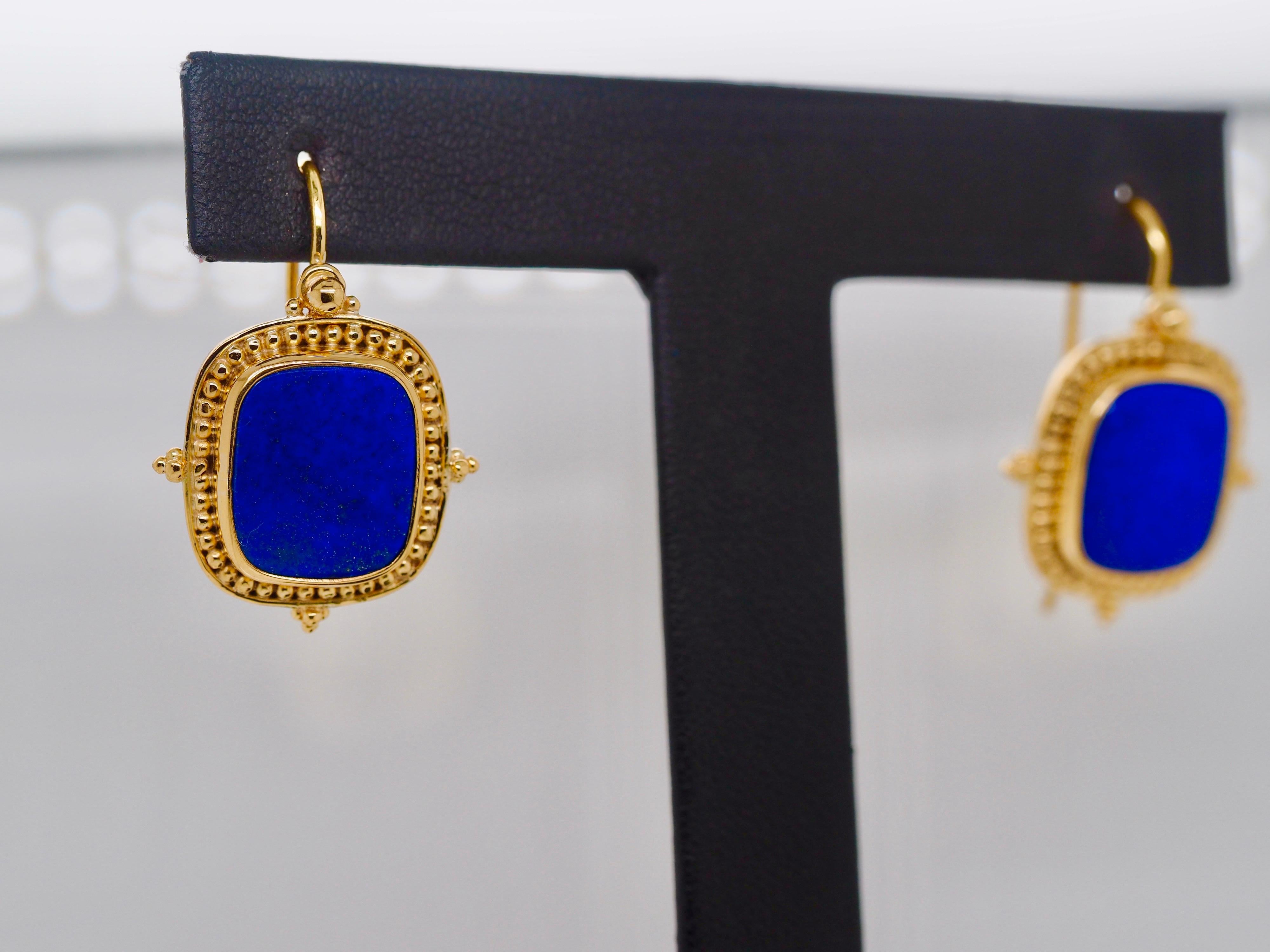 Greek 18 Karat Yellow Gold Lapis Lazuli Dangle Earrings 1