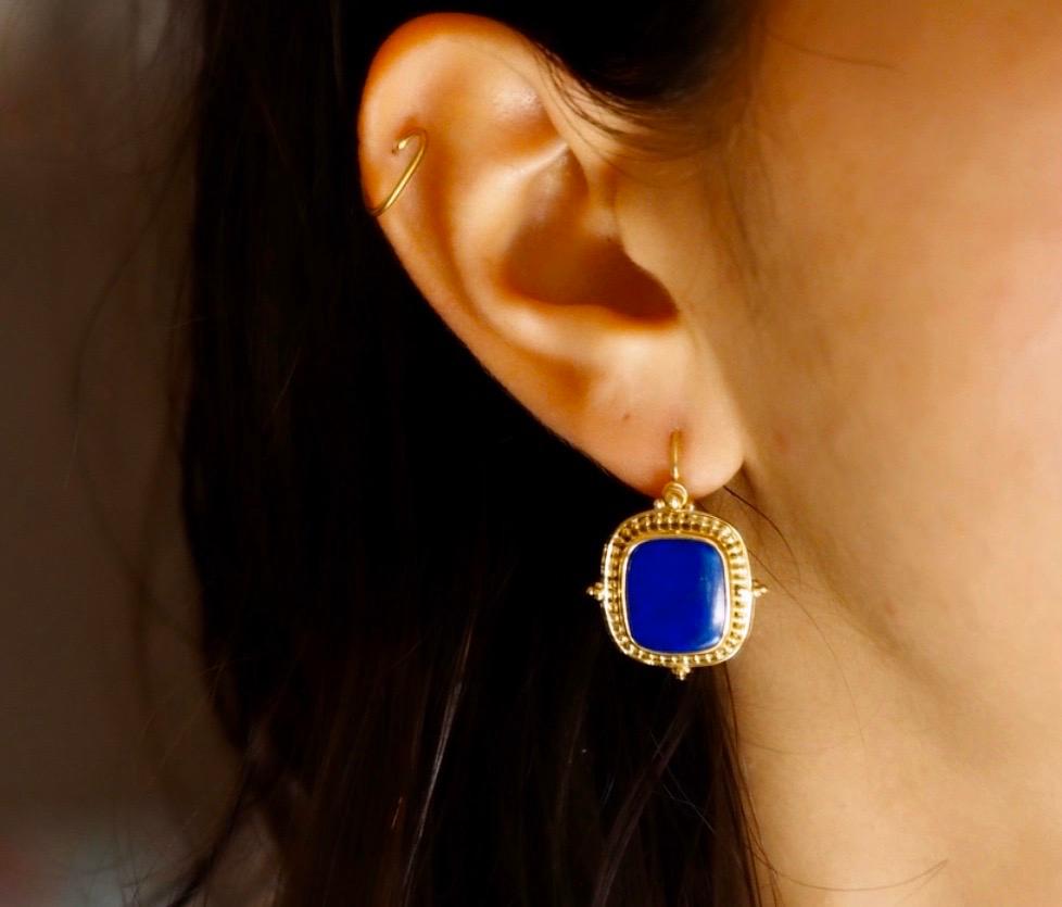 Greek 18 Karat Yellow Gold Lapis Lazuli Dangle Earrings 2