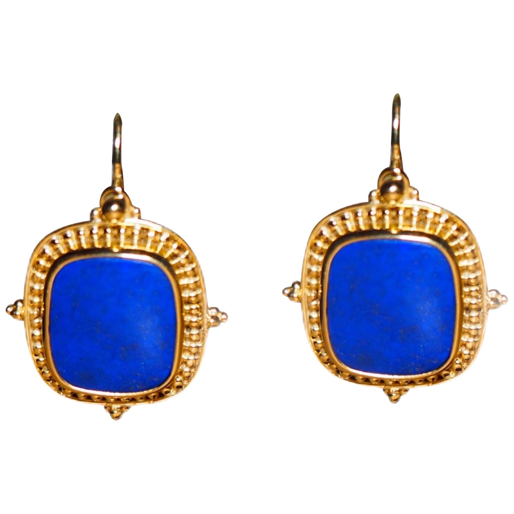 Greek 18 Karat Yellow Gold Lapis Lazuli Dangle Earrings