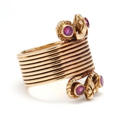 Greek 18 Karat Yellow Gold and Ruby Double Snake Coil Band Ring