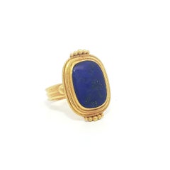 Greek 22k Yellow Gold Carved Intaglio Lapis Twisted Wire & Bead Work Ring