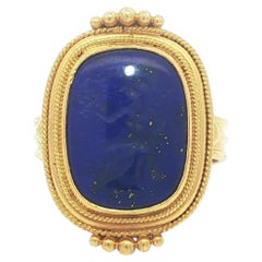 Greek 22k Yellow Gold Carved Intaglio Lapis Twisted Wire & Bead Work Ring
