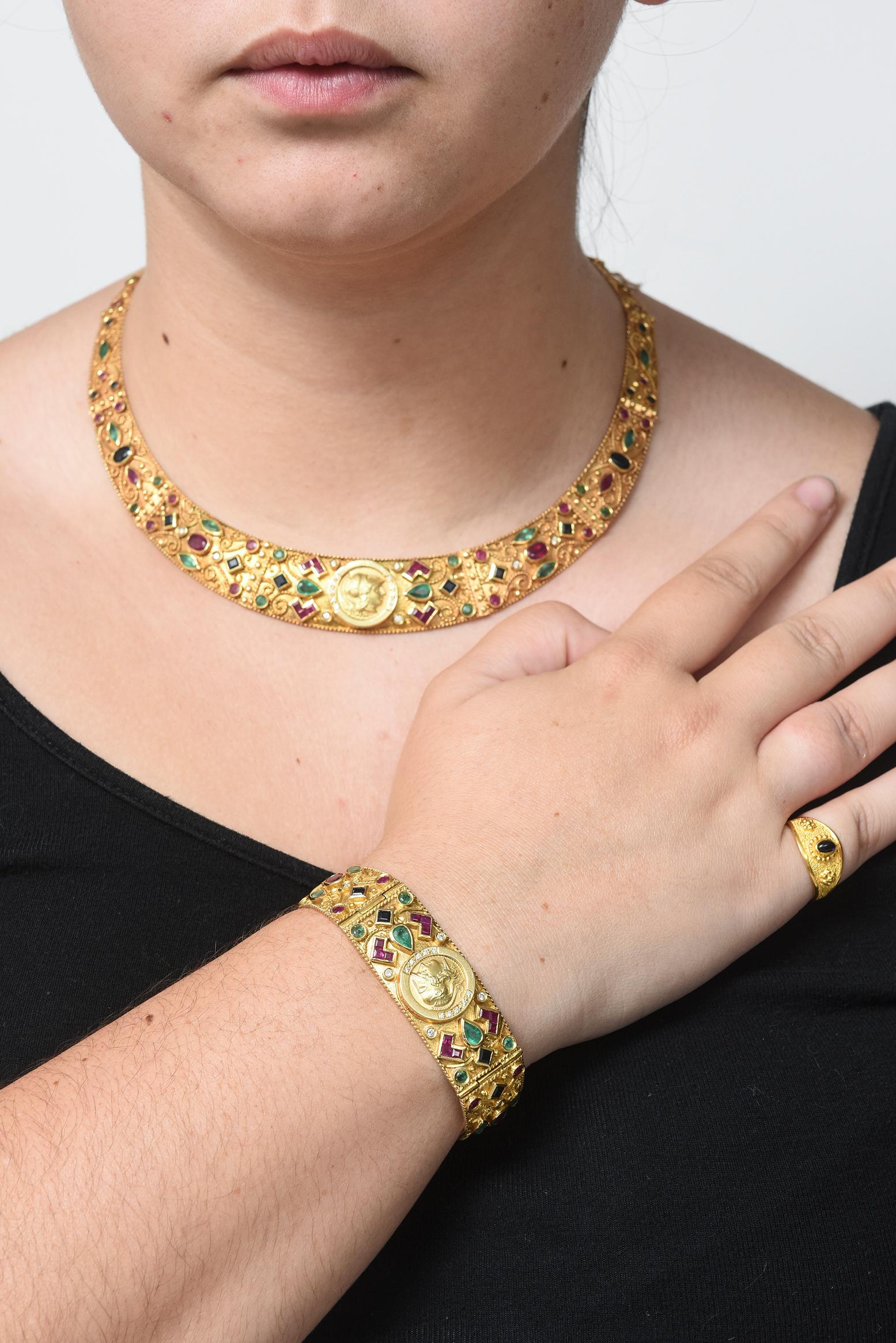 Greek Alexander Sapphire Emerald Ruby Diamond Gold Necklace Bracelet Ring Suite 14