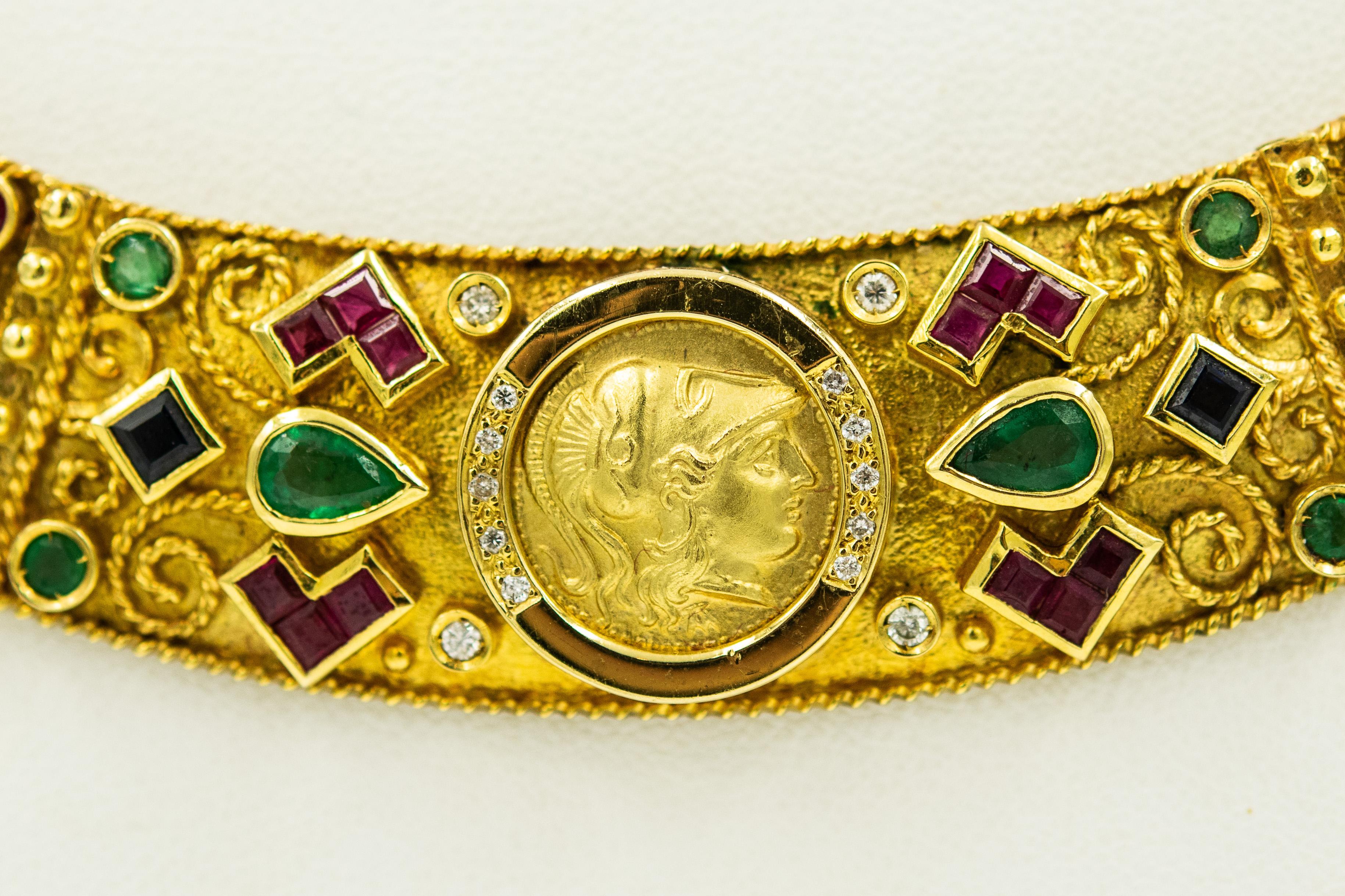 Round Cut Greek Alexander Sapphire Emerald Ruby Diamond Gold Necklace Bracelet Ring Suite