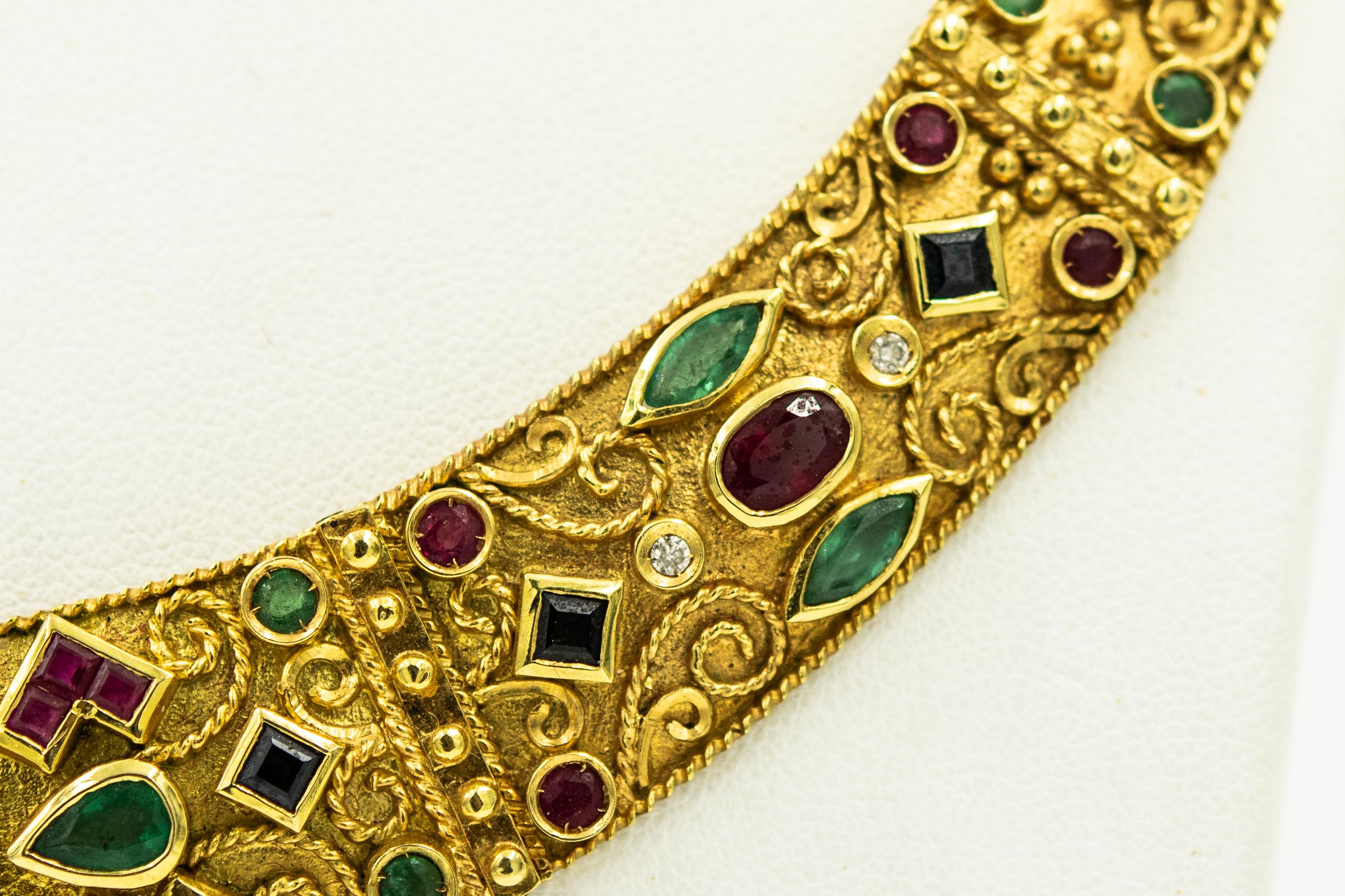 Greek Alexander Sapphire Emerald Ruby Diamond Gold Necklace Bracelet Ring Suite In Good Condition In Miami Beach, FL