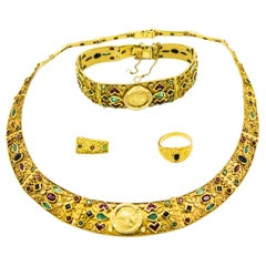 Griechische Alexander-Halskette/Armband/Ring-Suite, Saphir Smaragd Rubin Diamant Gold