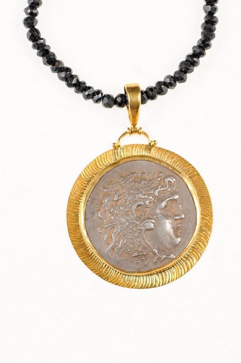 Greek Alexander the Great Silver Coin Necklace in 22Karat Gold Bezel For Sale at 1stdibs