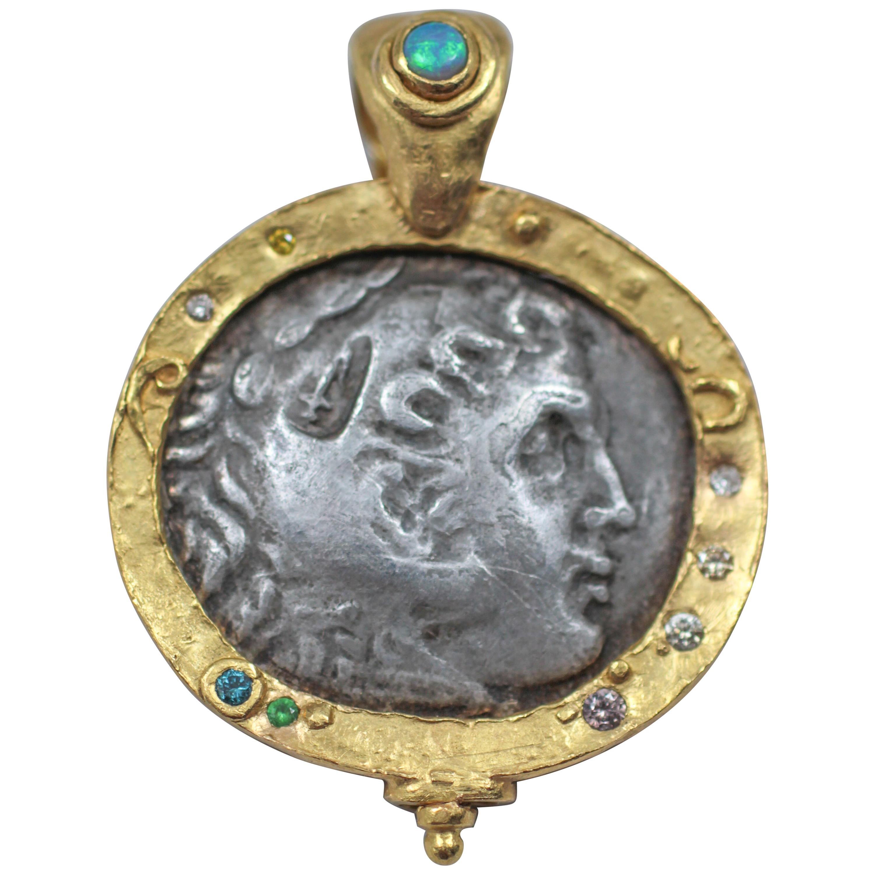 Greek Antique Silver Coin in 22-21 Karat Gold Pendant Necklace