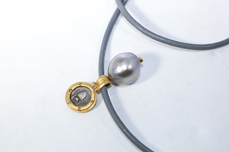 Contemporary Greek Antique Silver Coin Tahitian Pearl 22k-21k Gold Pendant Choker Necklace For Sale