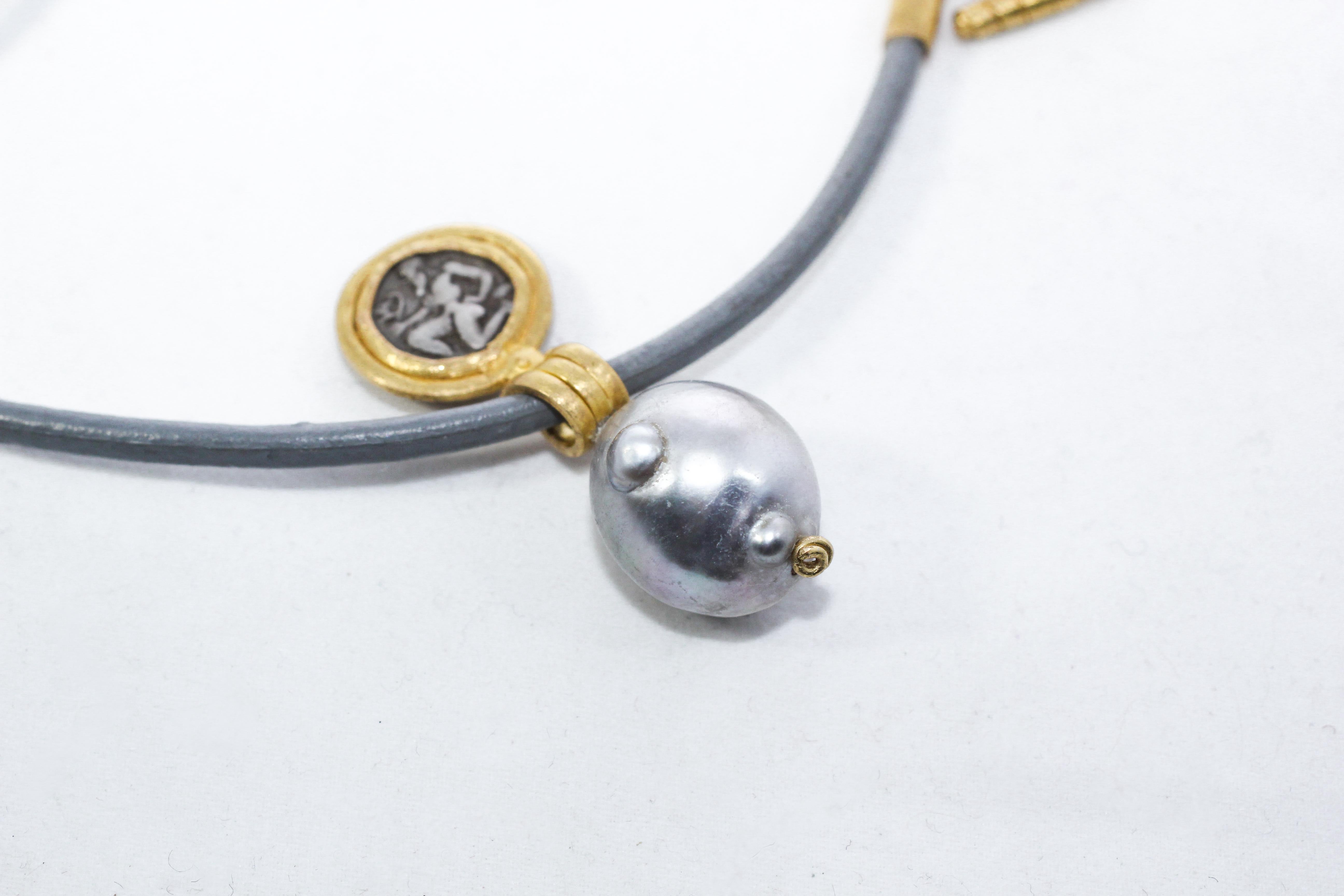Round Cut Greek Antique Silver Coin Tahitian Pearl 22k-21k Gold Pendant Choker Necklace For Sale
