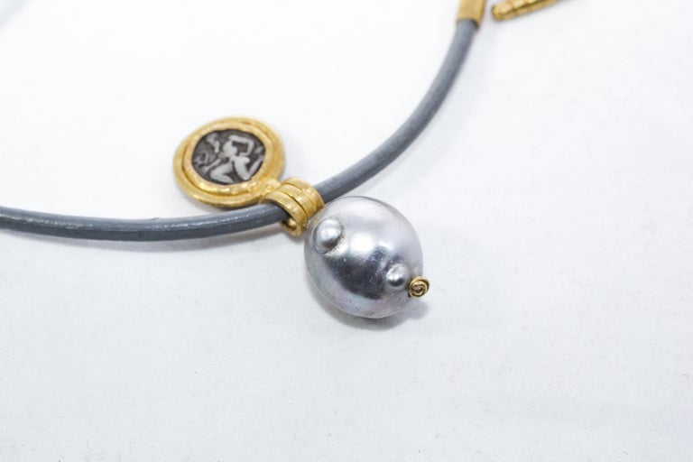 Greek Antique Silver Coin Tahitian Pearl 22k-21k Gold Pendant Choker Necklace For Sale 1
