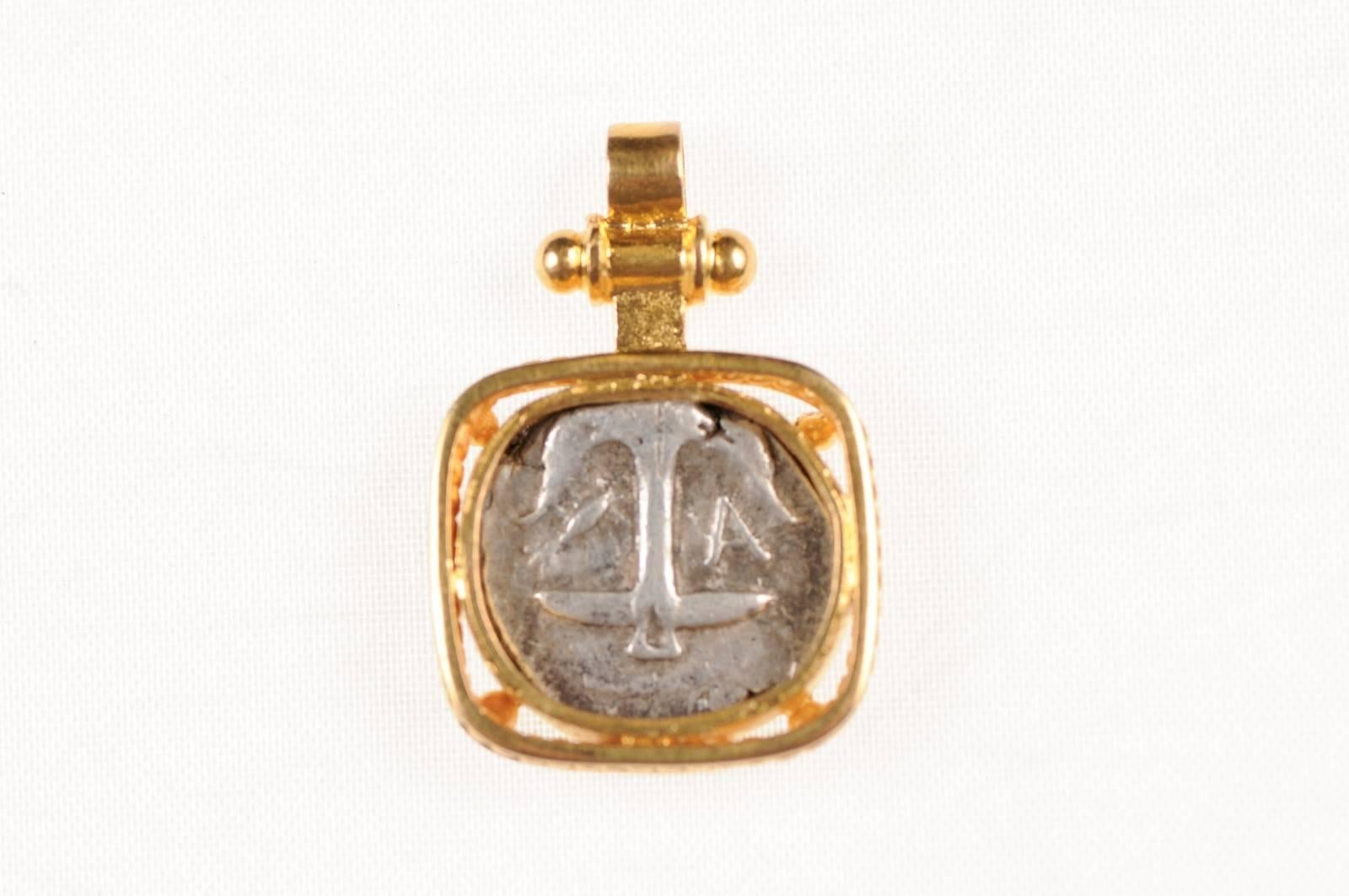 18th Century and Earlier An Authentic Greek Apollonia Pontika, AR Drachm Coin Set in 22 kt Gold Pendant  For Sale