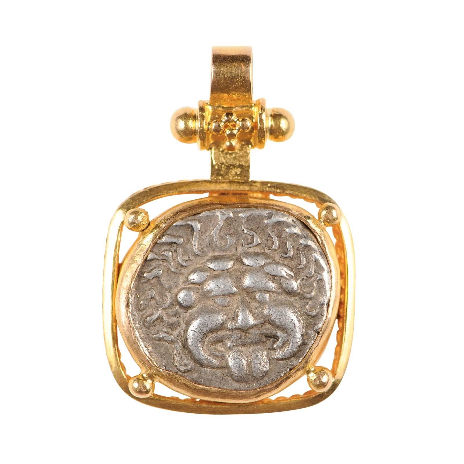 An Authentic Greek Apollonia Pontika, AR Drachm Coin Set in 22 kt Gold Pendant For Sale