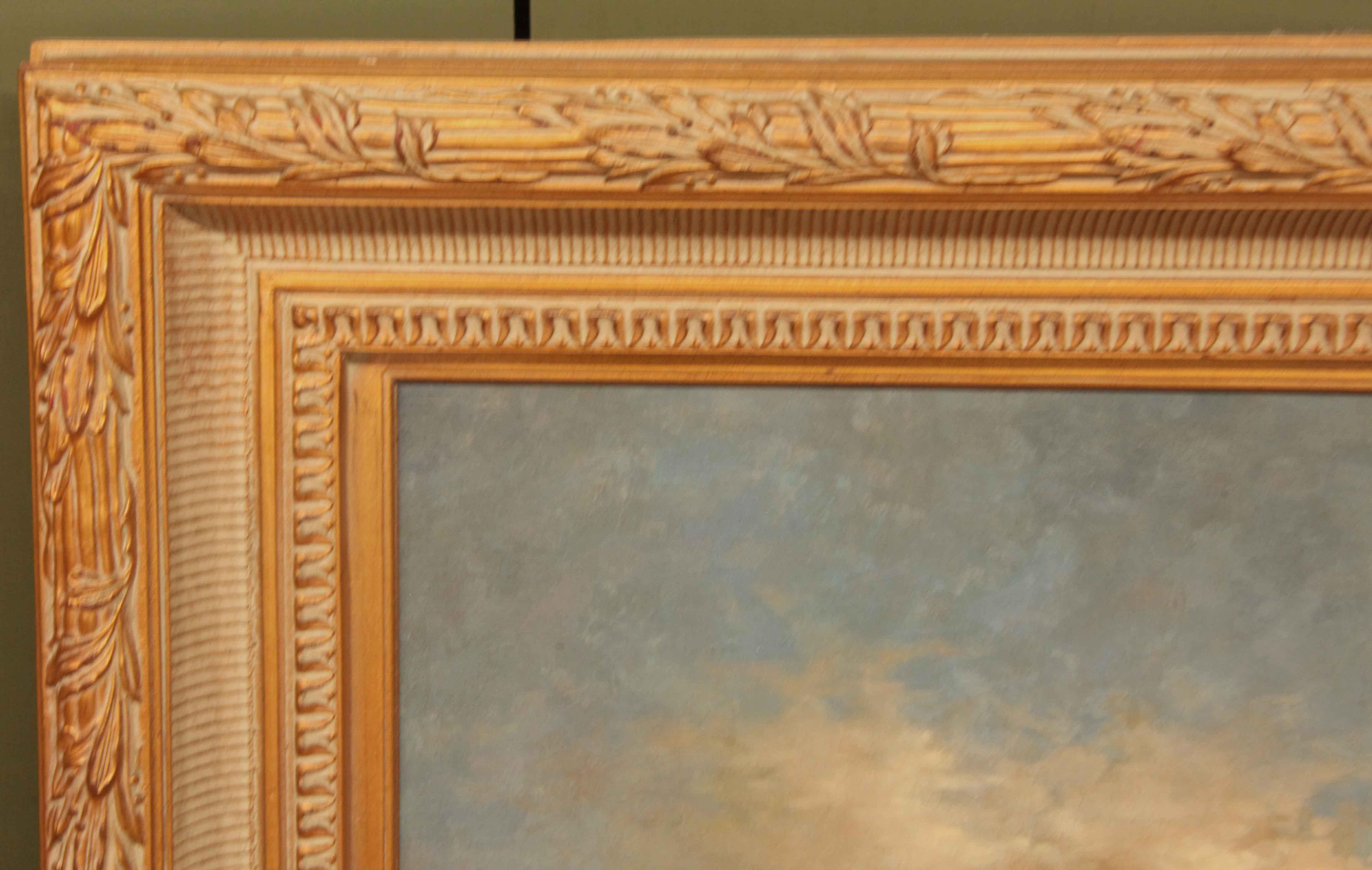 Greek aqueduct oil painting, with vivid blue sky and clouds.  On the left side are a series of Corinthian capped columns adjacent to two arched aqueducts separated by a single column capped with a plinth upholding a tall female figure. In the