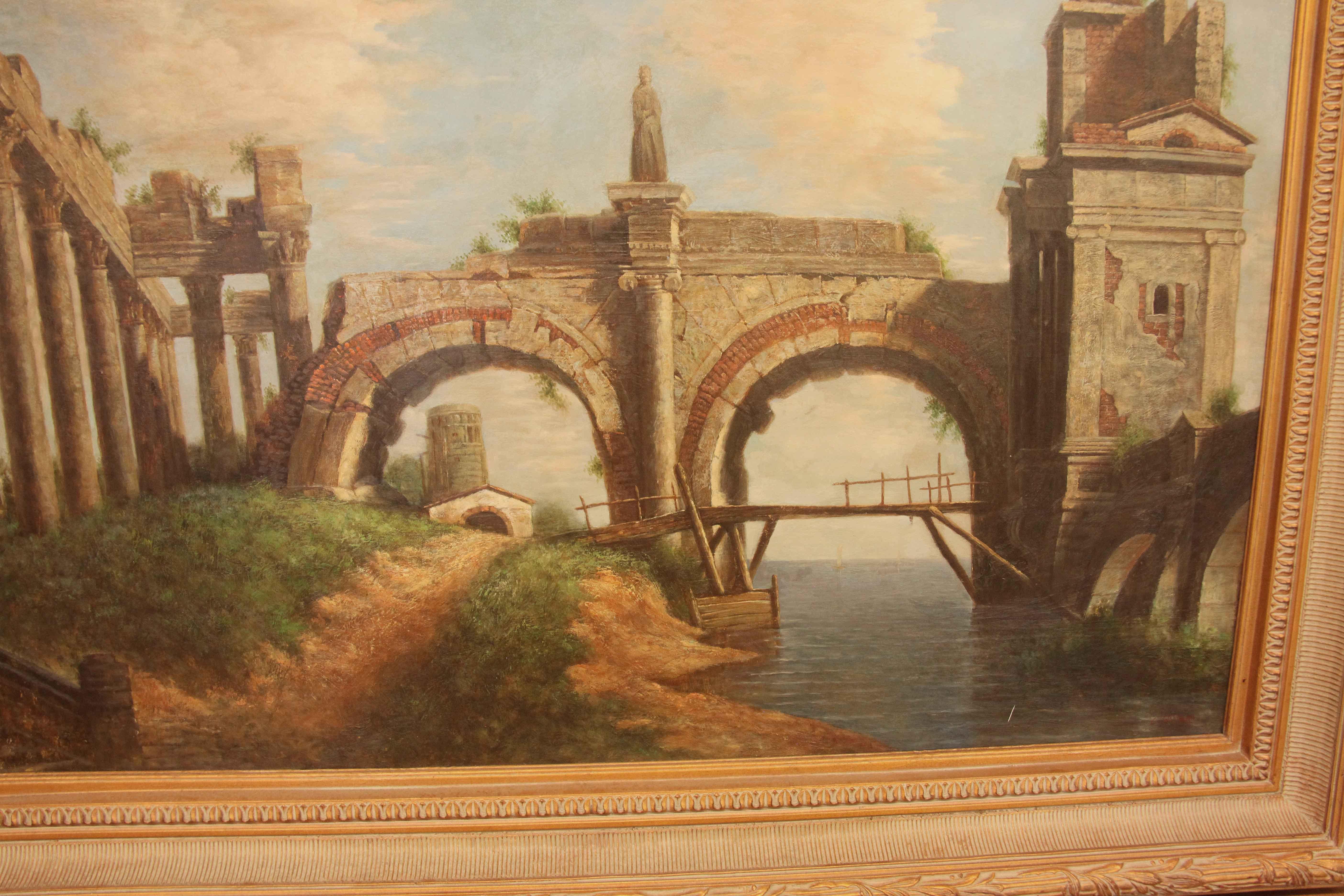 Late 20th Century Greek Aqueduct Oil Painting