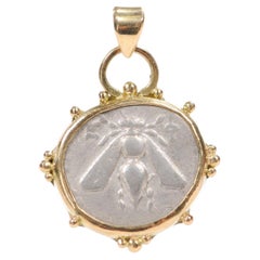 Greek AR Drachm [coin] Bee Pendant set w 18K