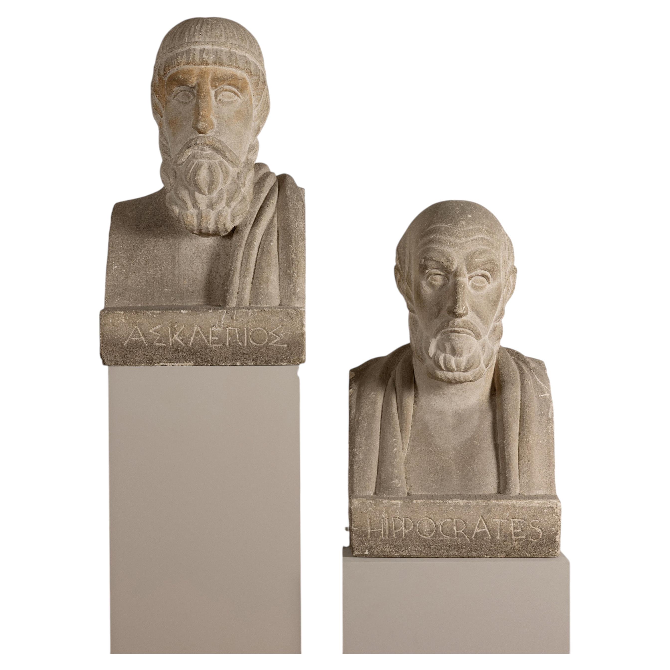 Greek Asclepius and Hippocrates Stone sculptures For Sale